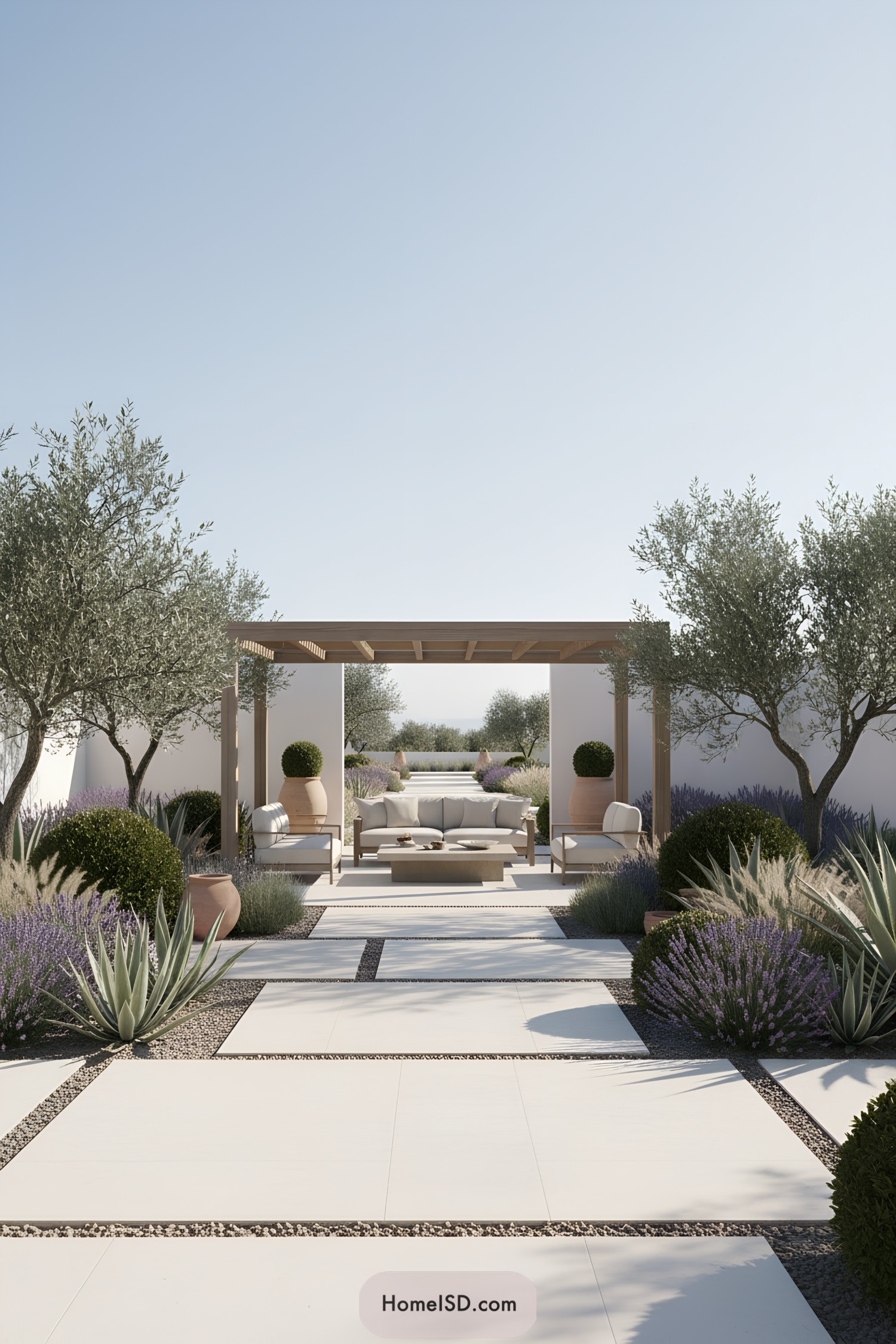 Mediterranean garden with olive trees and a cozy seating area