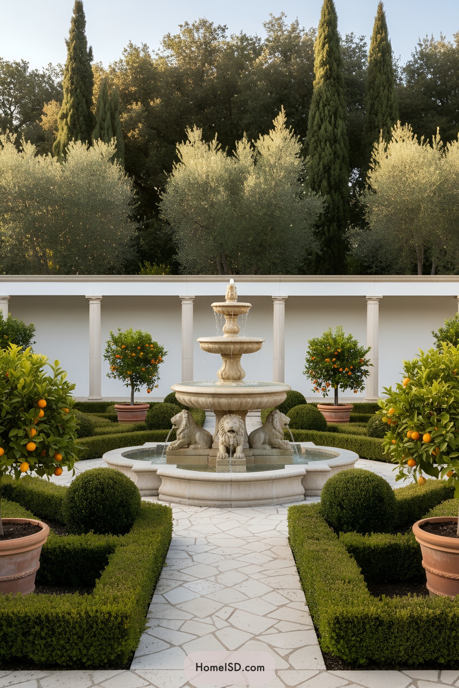 Ornate fountain in lush Mediterranean garden with citrus trees