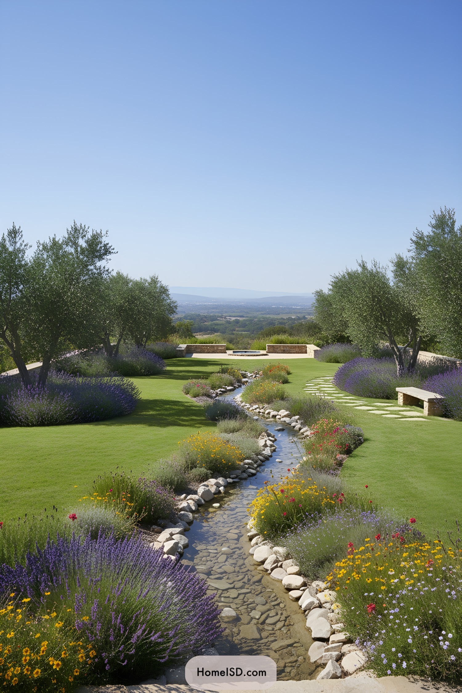 Lush garden with vibrant flowers and a stone-lined stream
