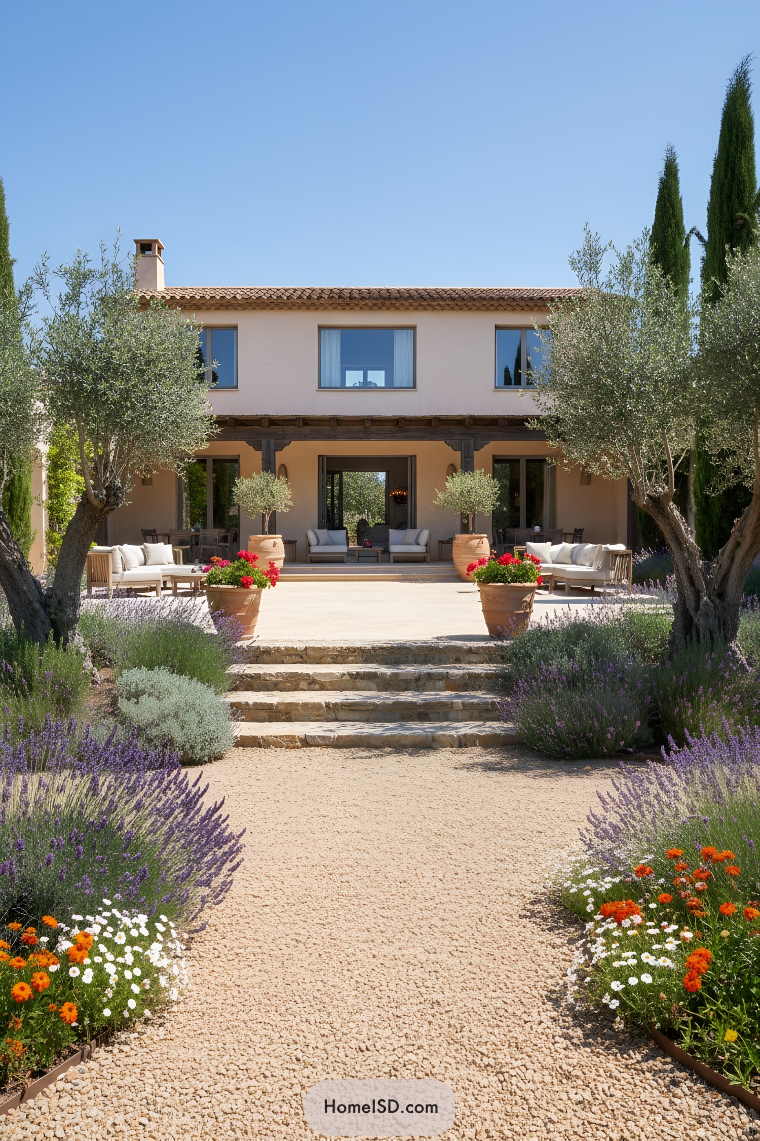 House with Mediterranean garden, featuring olive trees and colorful flowers