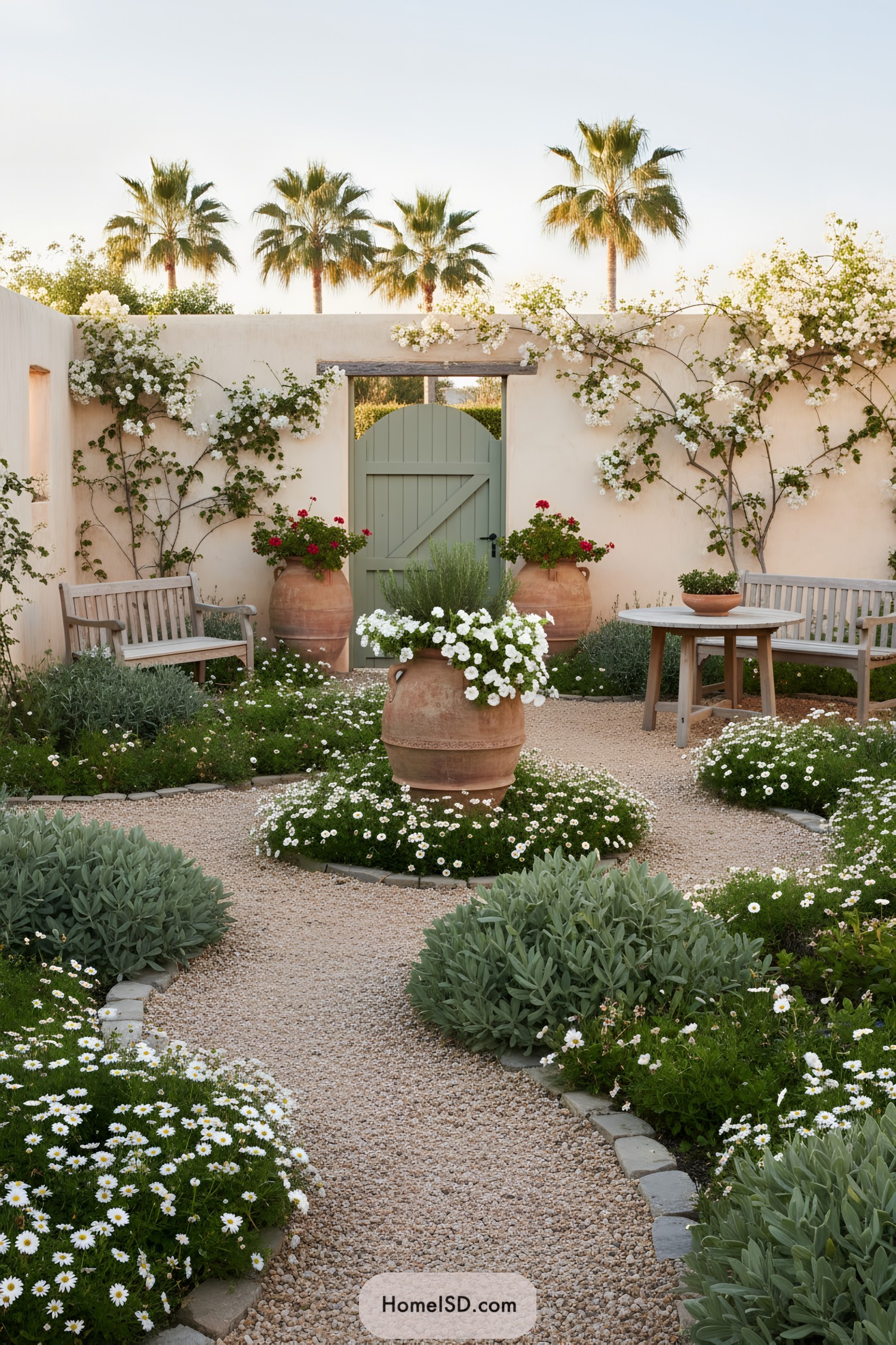 Mediterranean landscape design with gravel pathways, lush green groundcover, and white flowering plants bordered by dense, low shrubs. Climbing vines cover stucco walls and a sage green wooden gate with terracotta pots adds rustic charm. A large terracotta urn serves as a central focal point. Wooden furnishings provide simple, natural seating. Background includes distant palm trees and a sunlit, serene atmosphere.