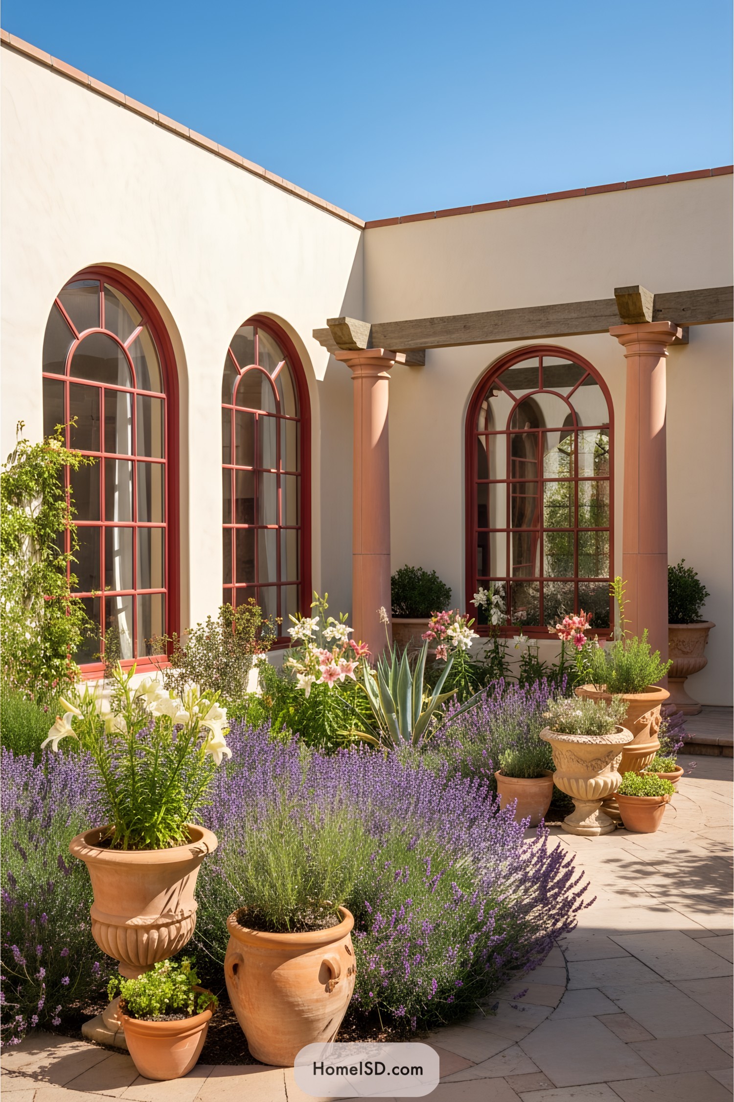 Terracotta pots and lavender in a Mediterranean courtyard