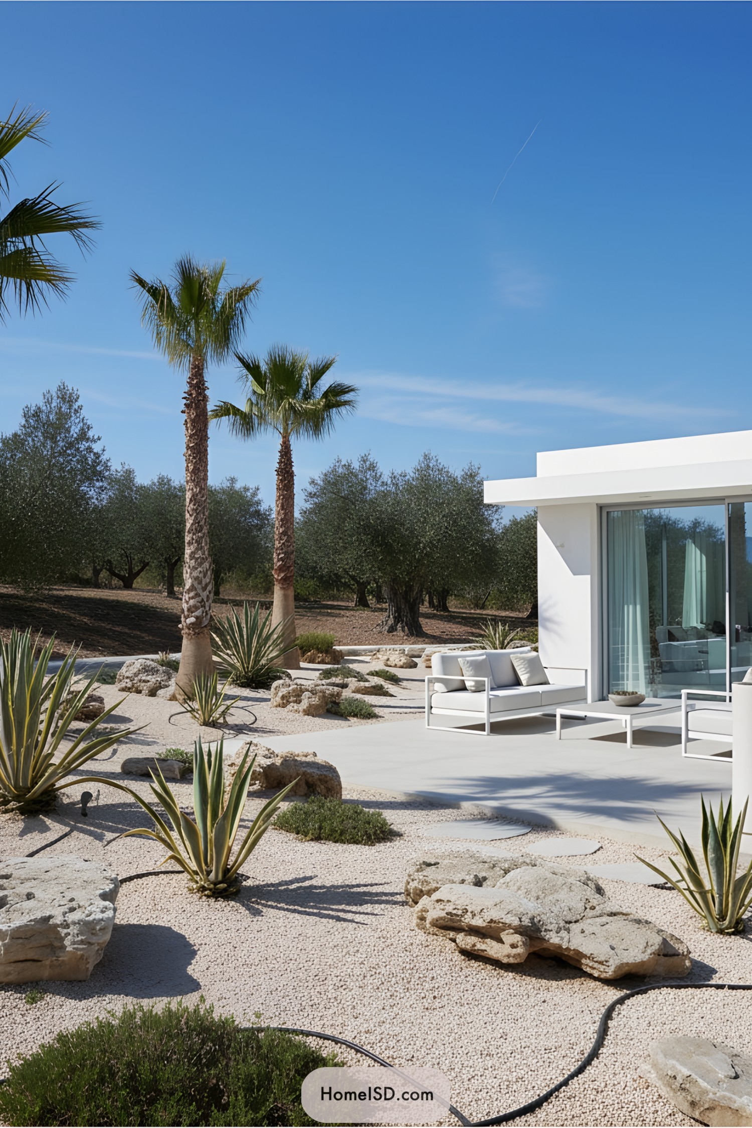 Contemporary patio with palm trees and desert plants
