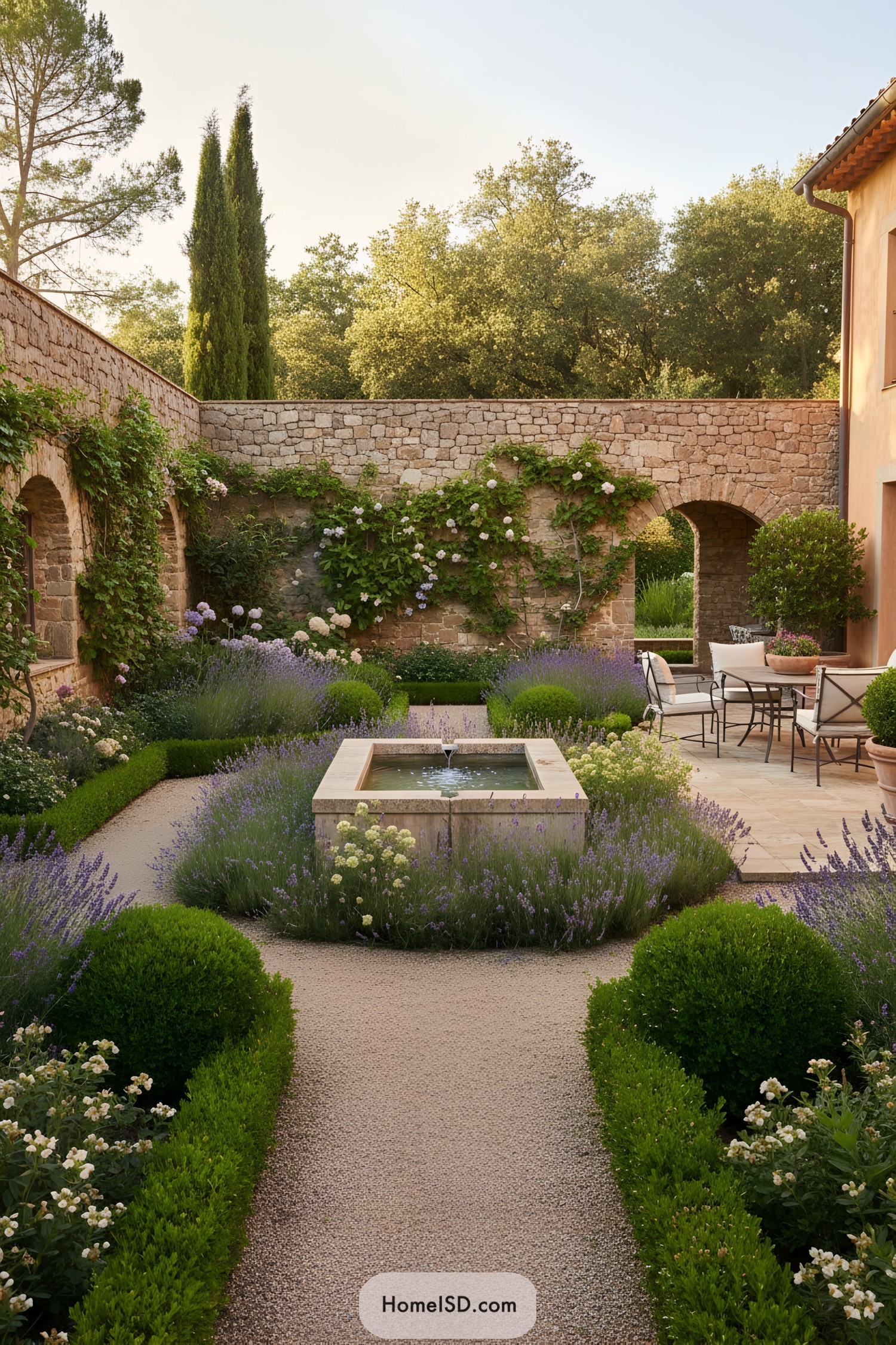 Stone courtyard with central fountain and lush greenery