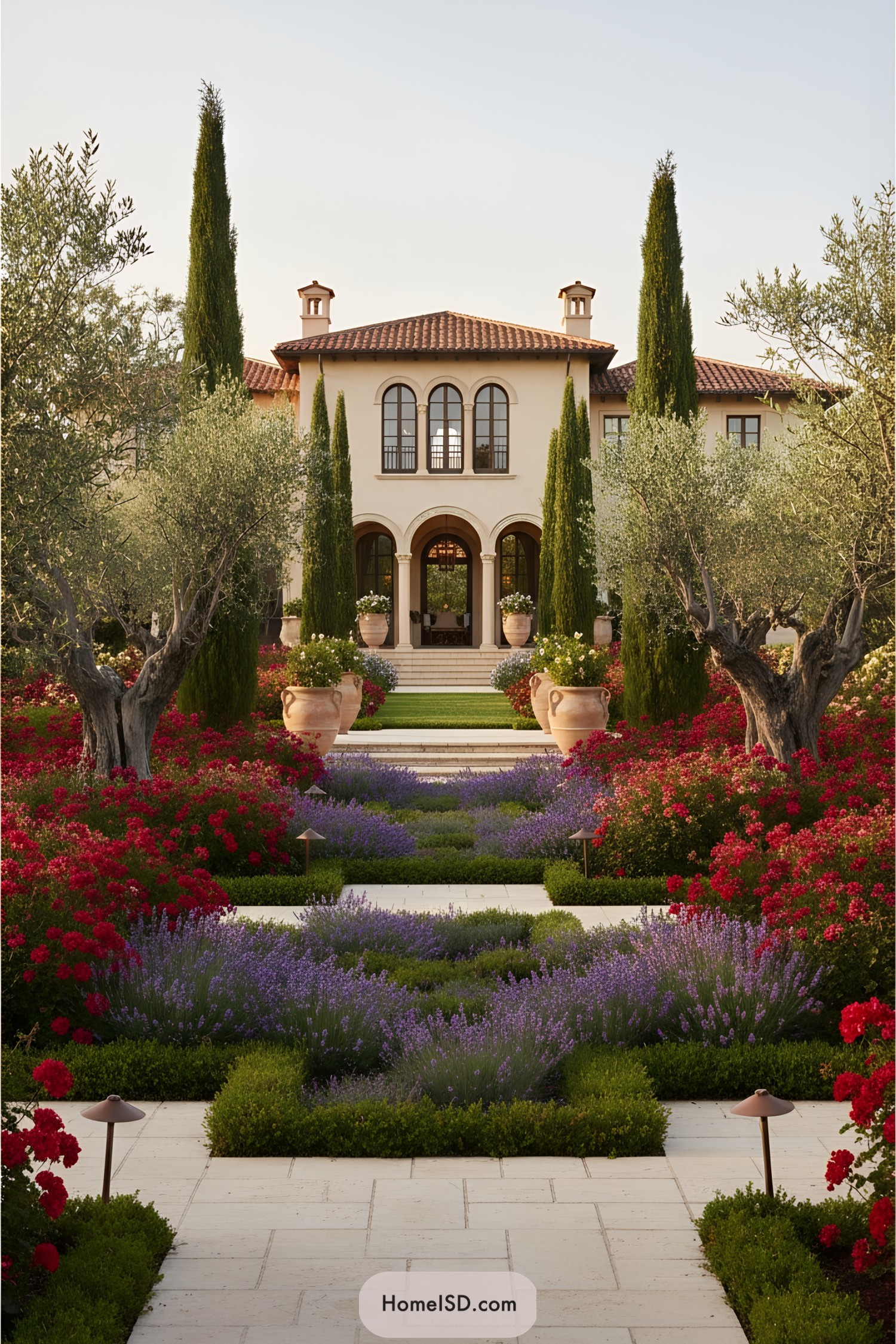 Pathway lined with lavender and red flowers leading to a villa