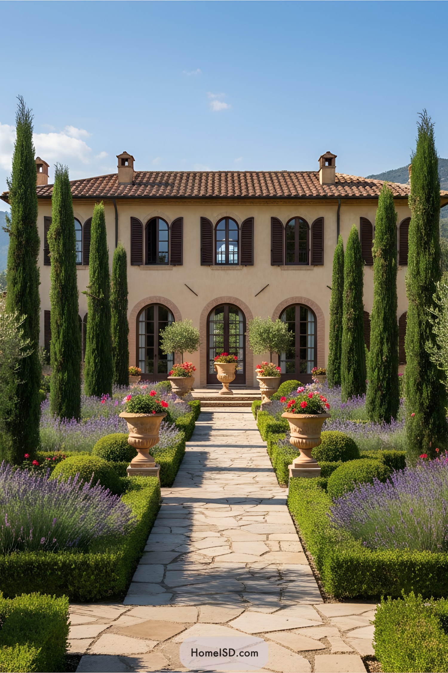 Pathway lined with cypress trees and vibrant flowers leading to a Mediterranean villa