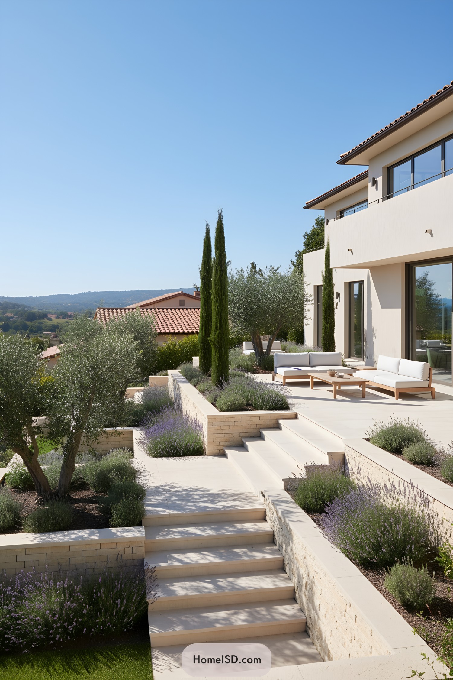 Terrace with steps, seating, and Mediterranean plants