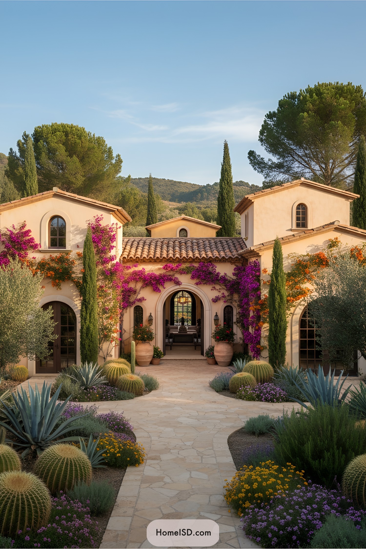 Mediterranean landscape with vibrant flowers and shrubbery