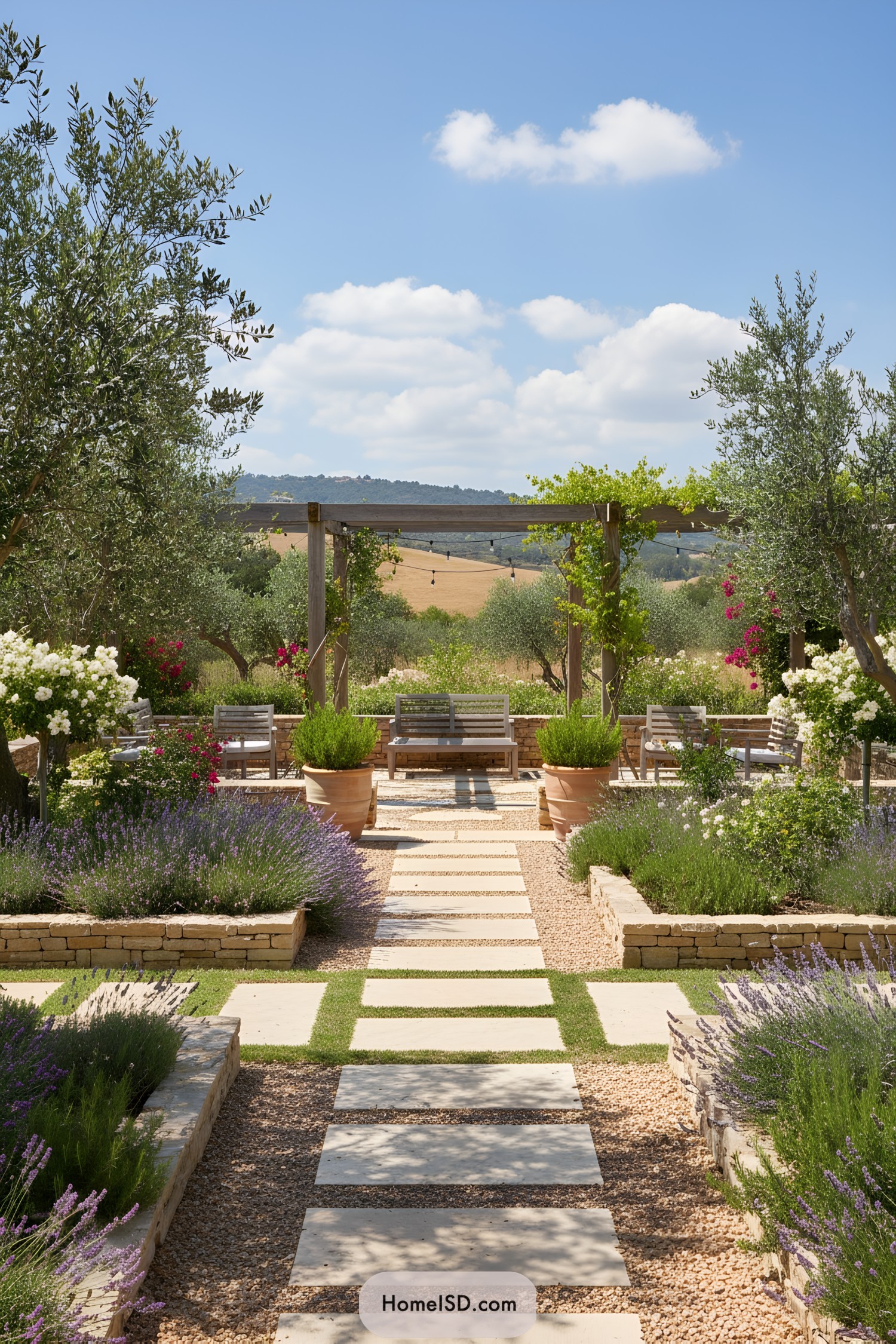 Stone path leading through a Mediterranean garden with lavender and olive trees