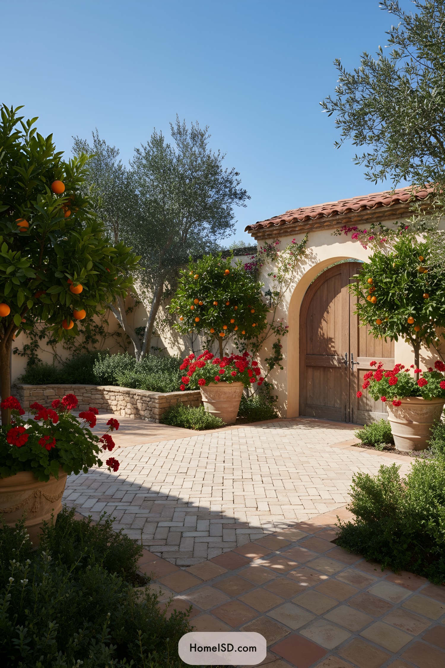 Mediterranean courtyard with vibrant plants and terracotta elements