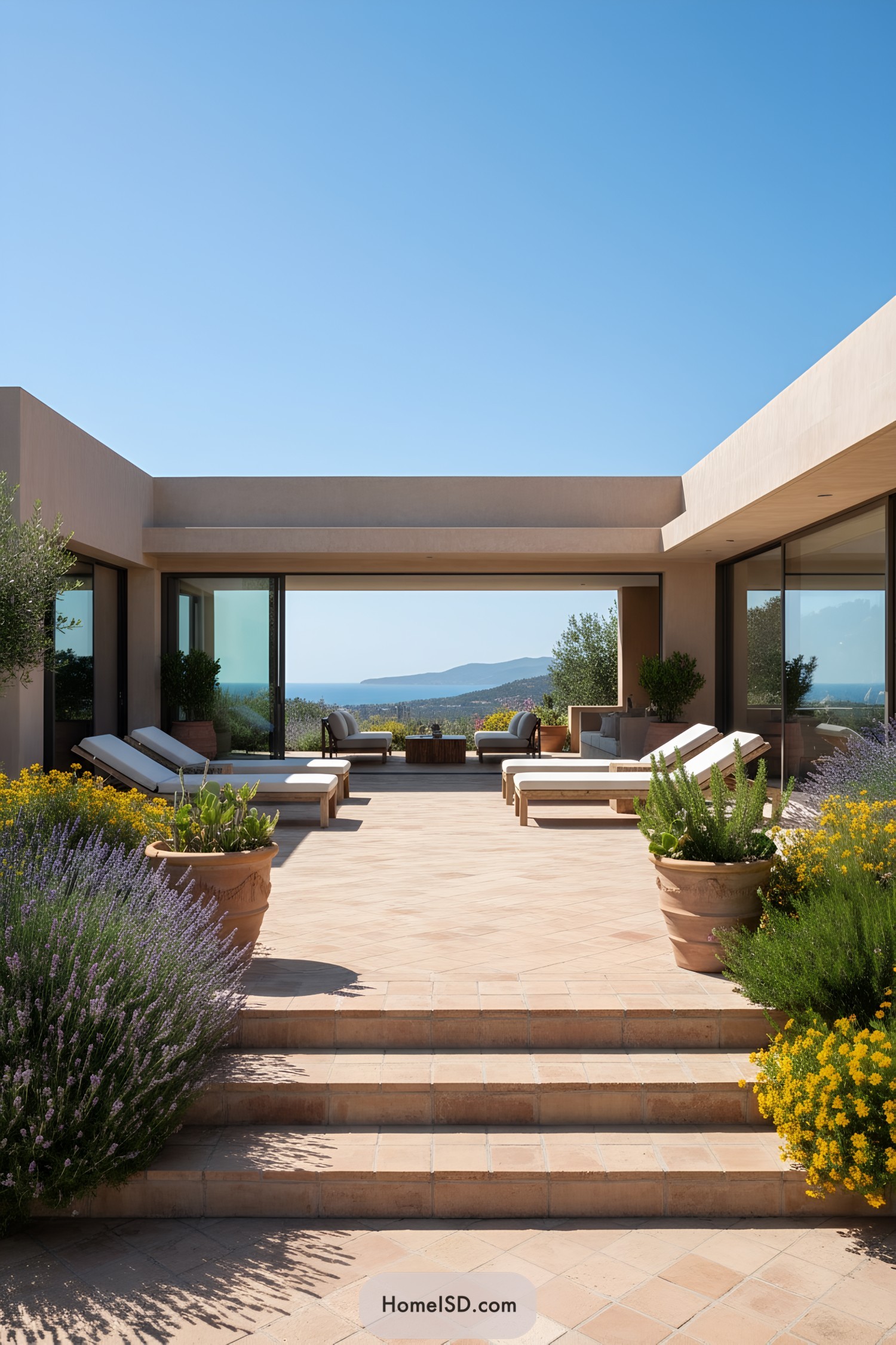 Open courtyard with loungers and distant sea view