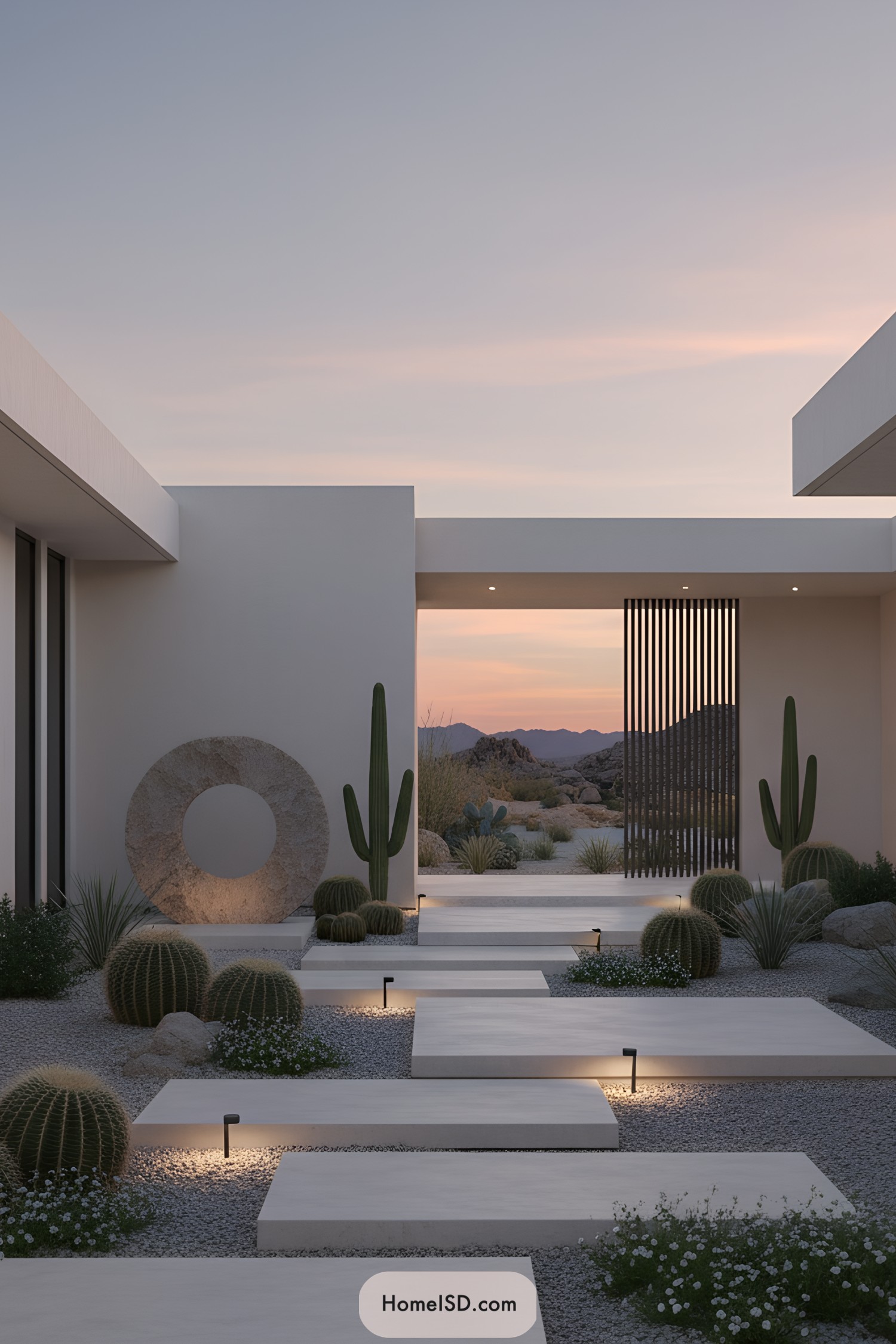Modern entrance with geometric shapes and cacti