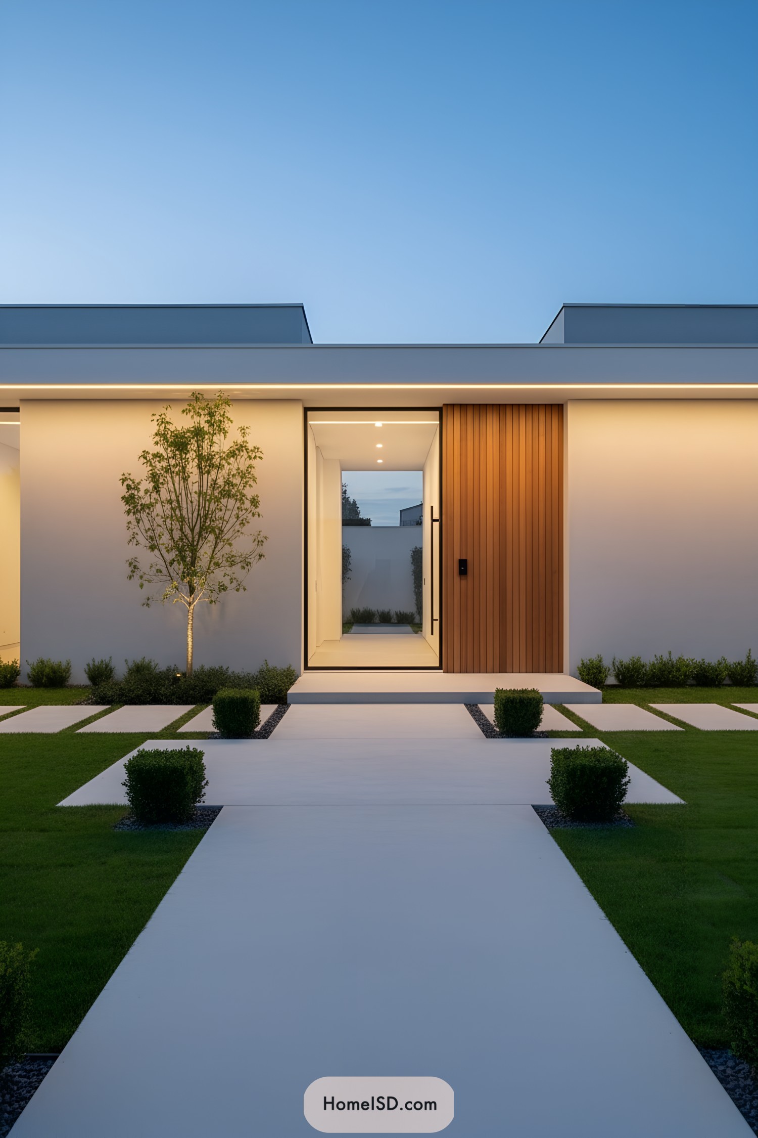 Modern entrance with a sleek pathway and minimalist garden