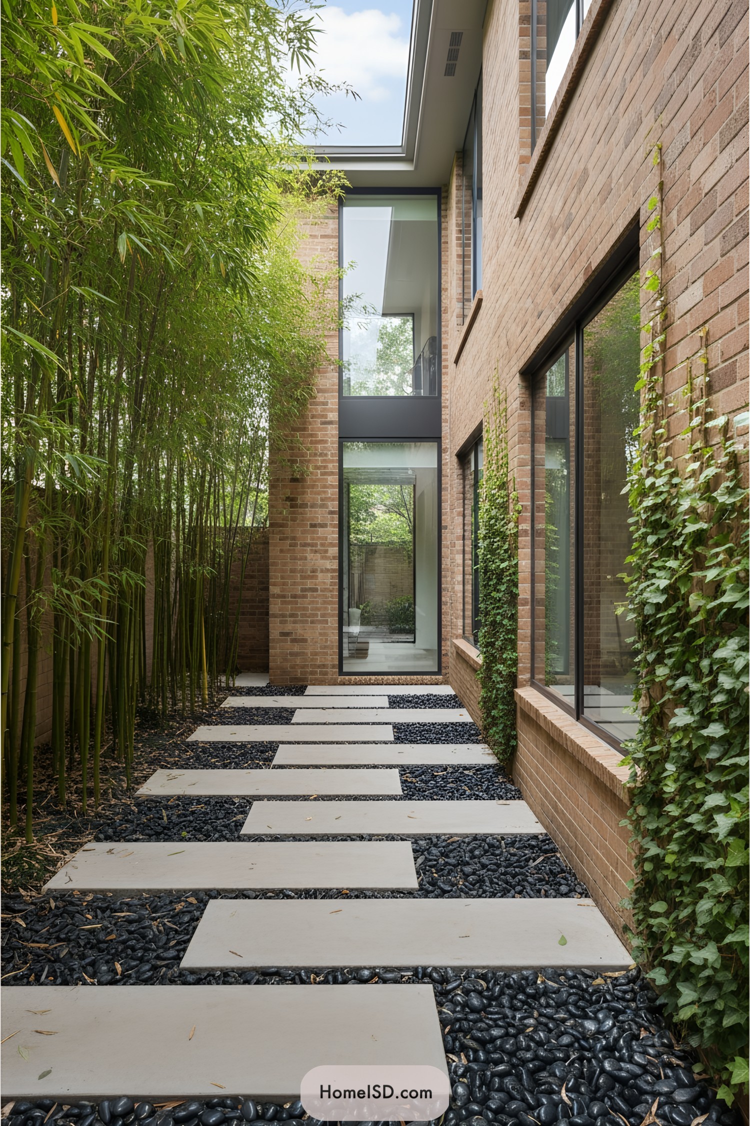 Serene pathway with bamboo on one side and brick walls on the other