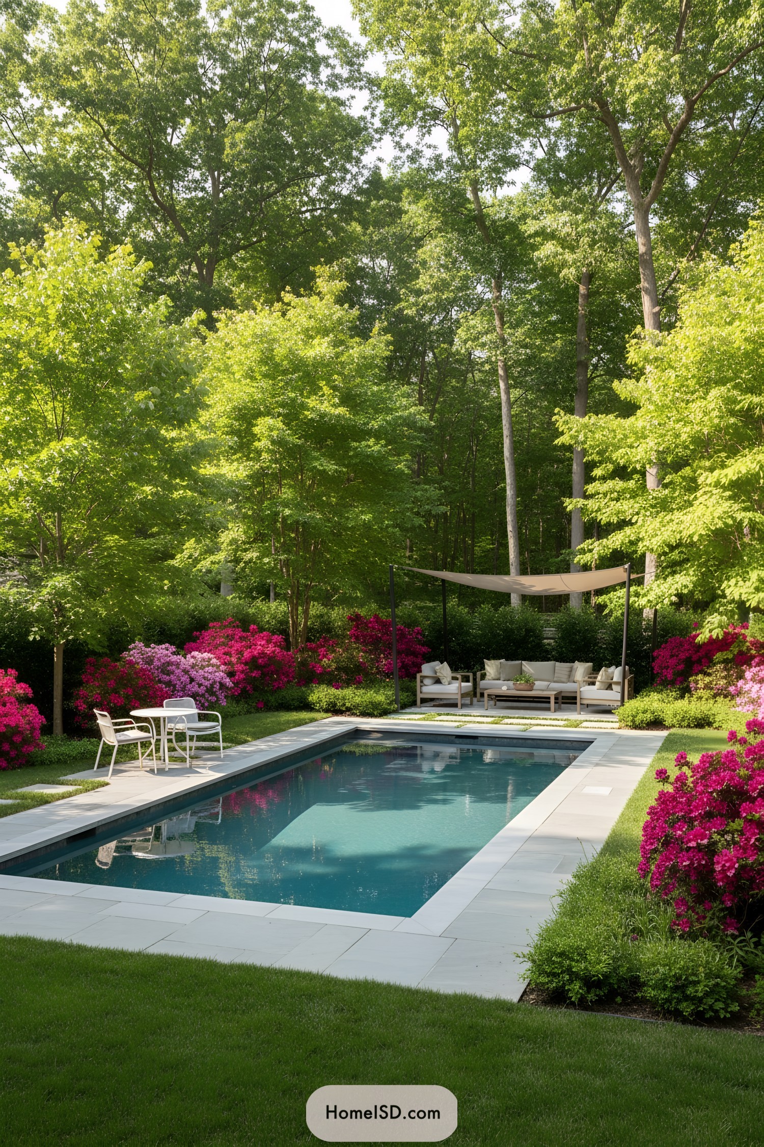 A serene poolside scene with a shaded lounge and vibrant flowers