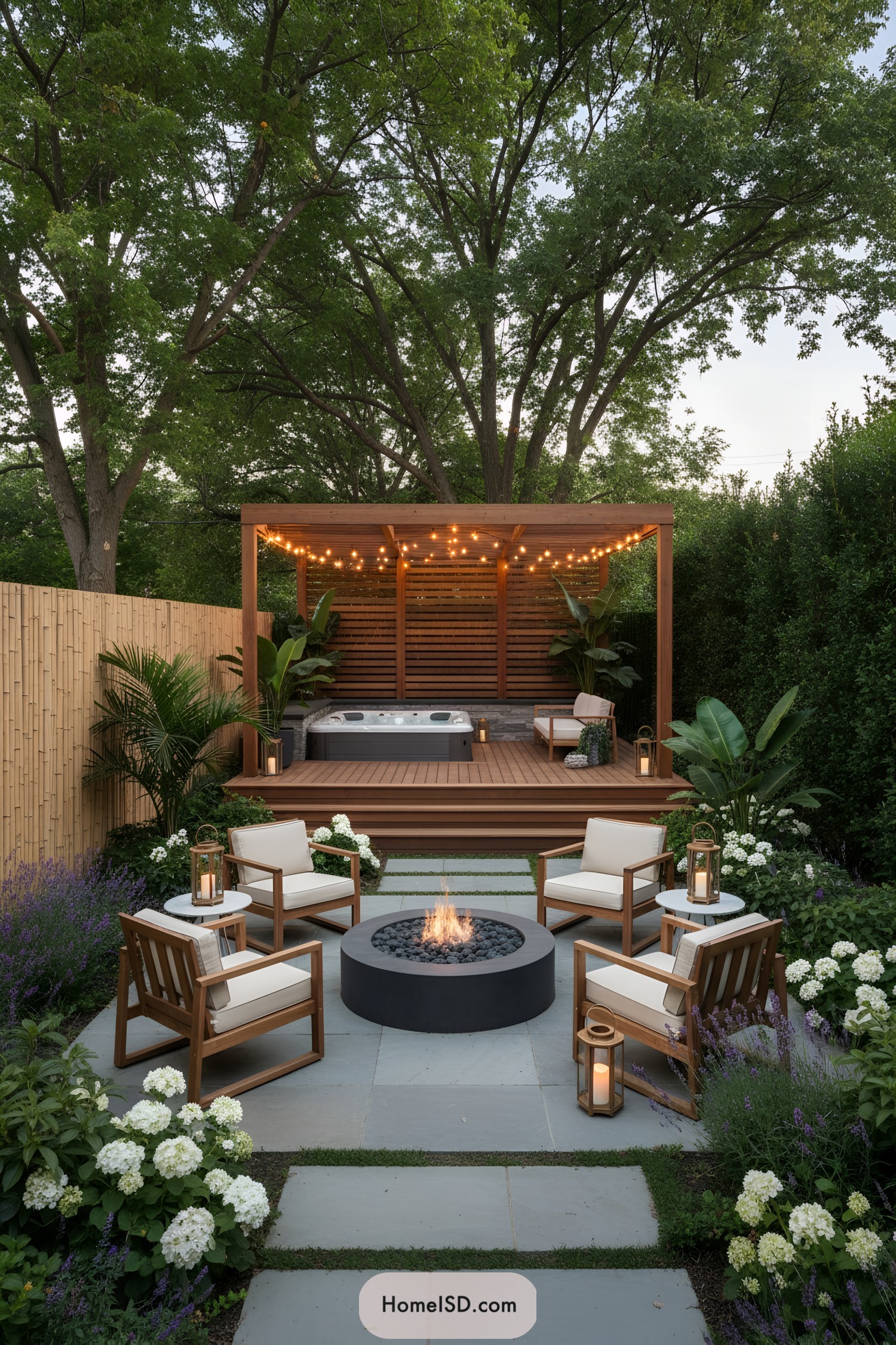 Elegant patio with fire pit, spa, and cozy seating
