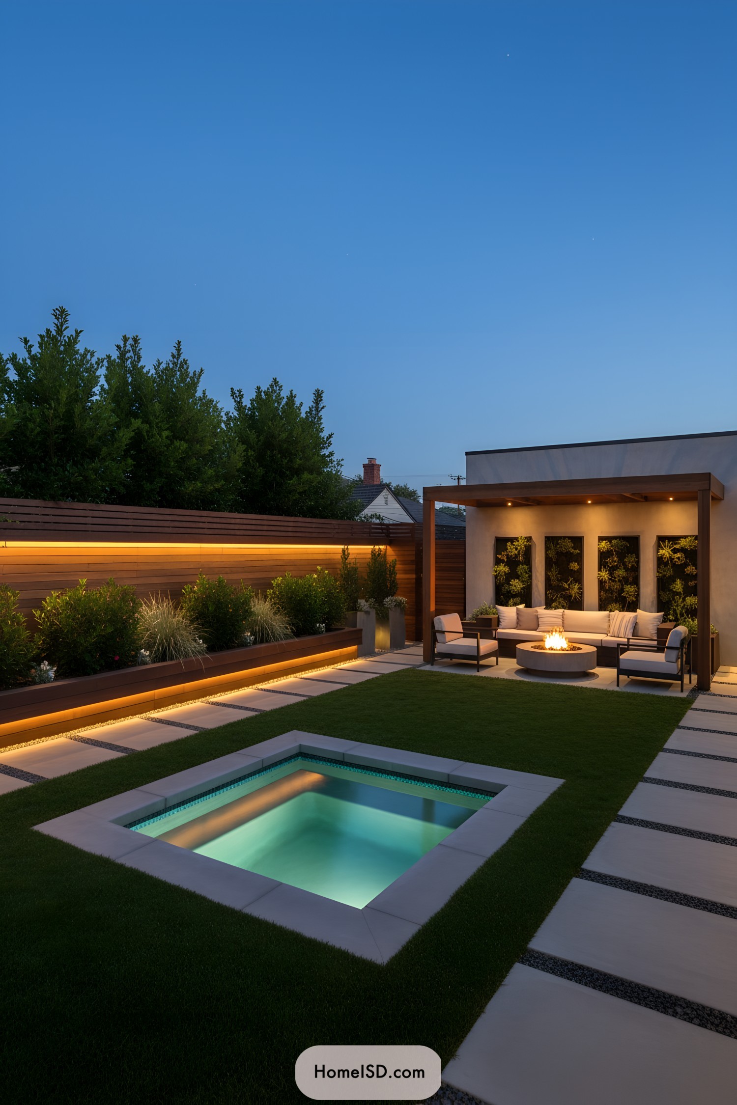 Modern backyard with hot tub, fire pit, and seating under a pergola