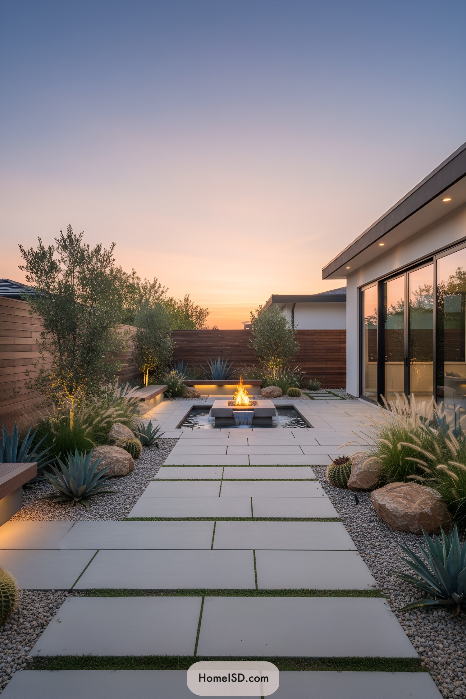 Modern backyard with fire pit and minimalist design