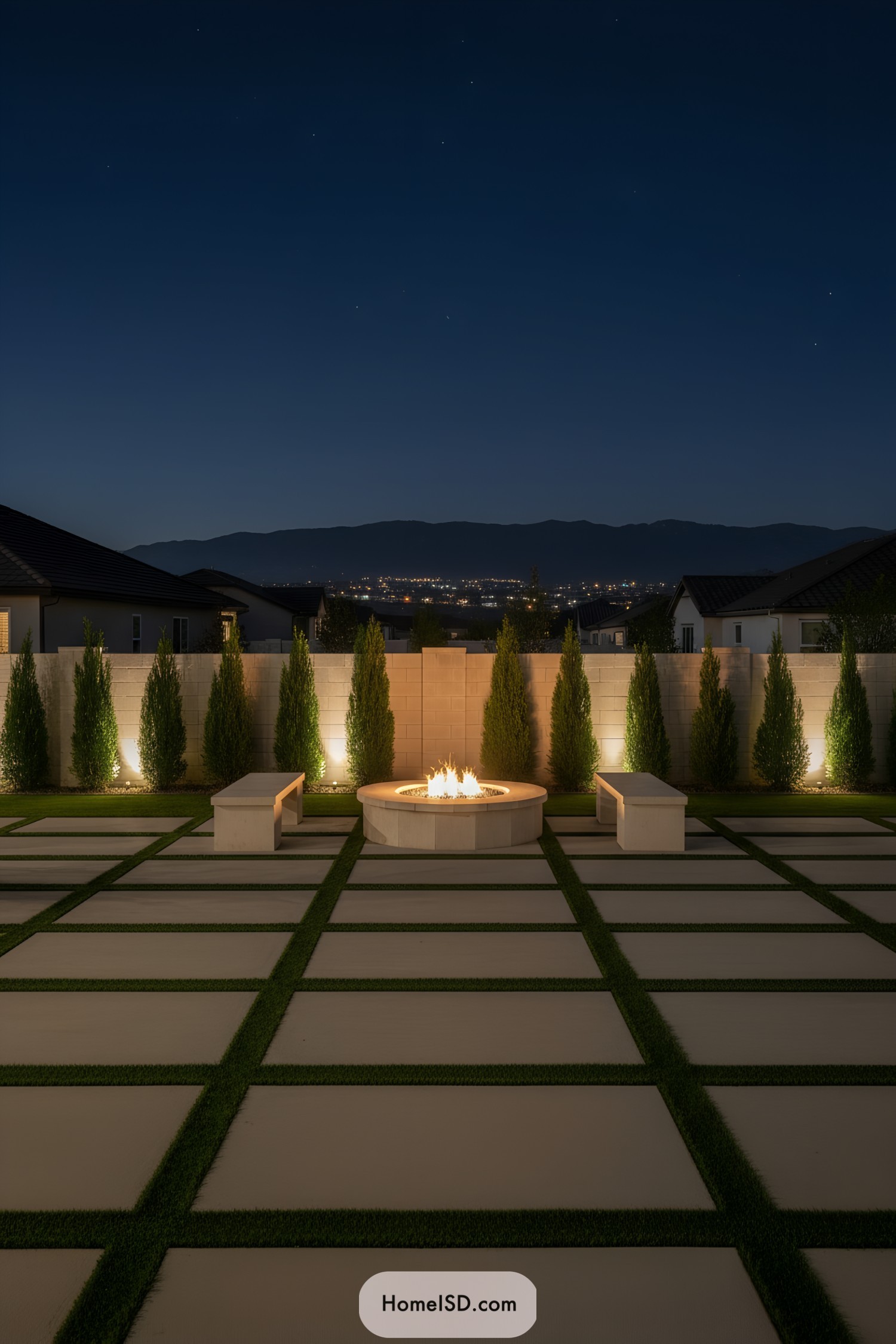 A serene nighttime fire pit scene with geometric paving