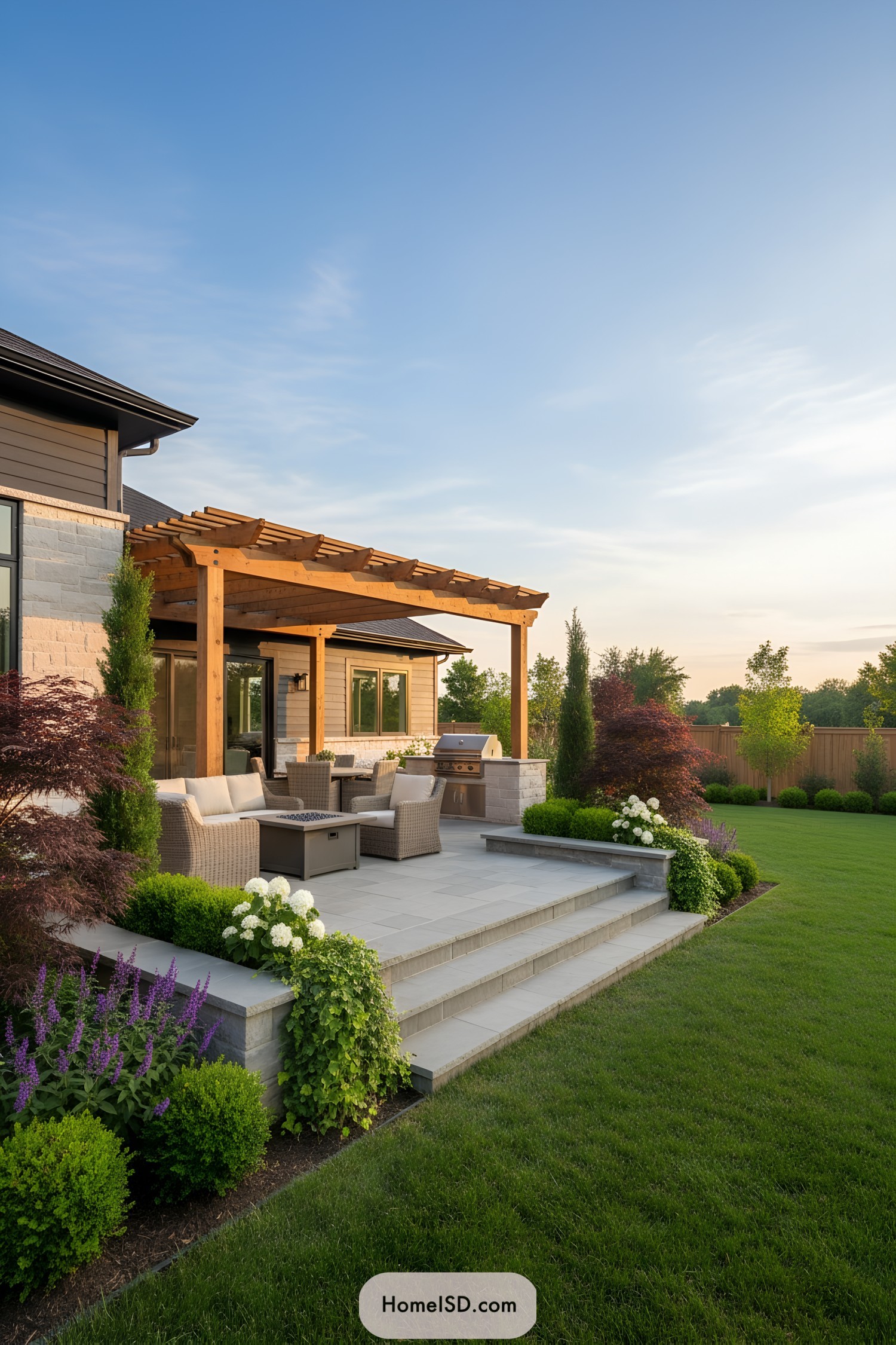 Pergola-covered patio with cozy seating