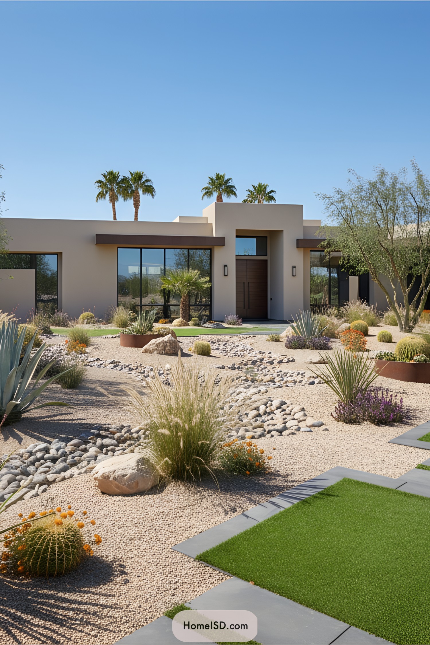 Modern desert landscape design with clean geometric lines and a minimalist aesthetic. Gravel and small rocks cover the ground, forming winding dry creek beds bordered by drought-tolerant grasses, agave, yucca, and small flowering succulents. Architectural elements include a contemporary, flat-roofed house with beige stucco walls and large windows. Scattered palms and a sparse tree provide vertical interest, while the entryway is accented by low-maintenance xeriscape plantings. A narrow strip of manicured lawn and stone edging contrasts with the gravel, offering a touch of green against the arid design.