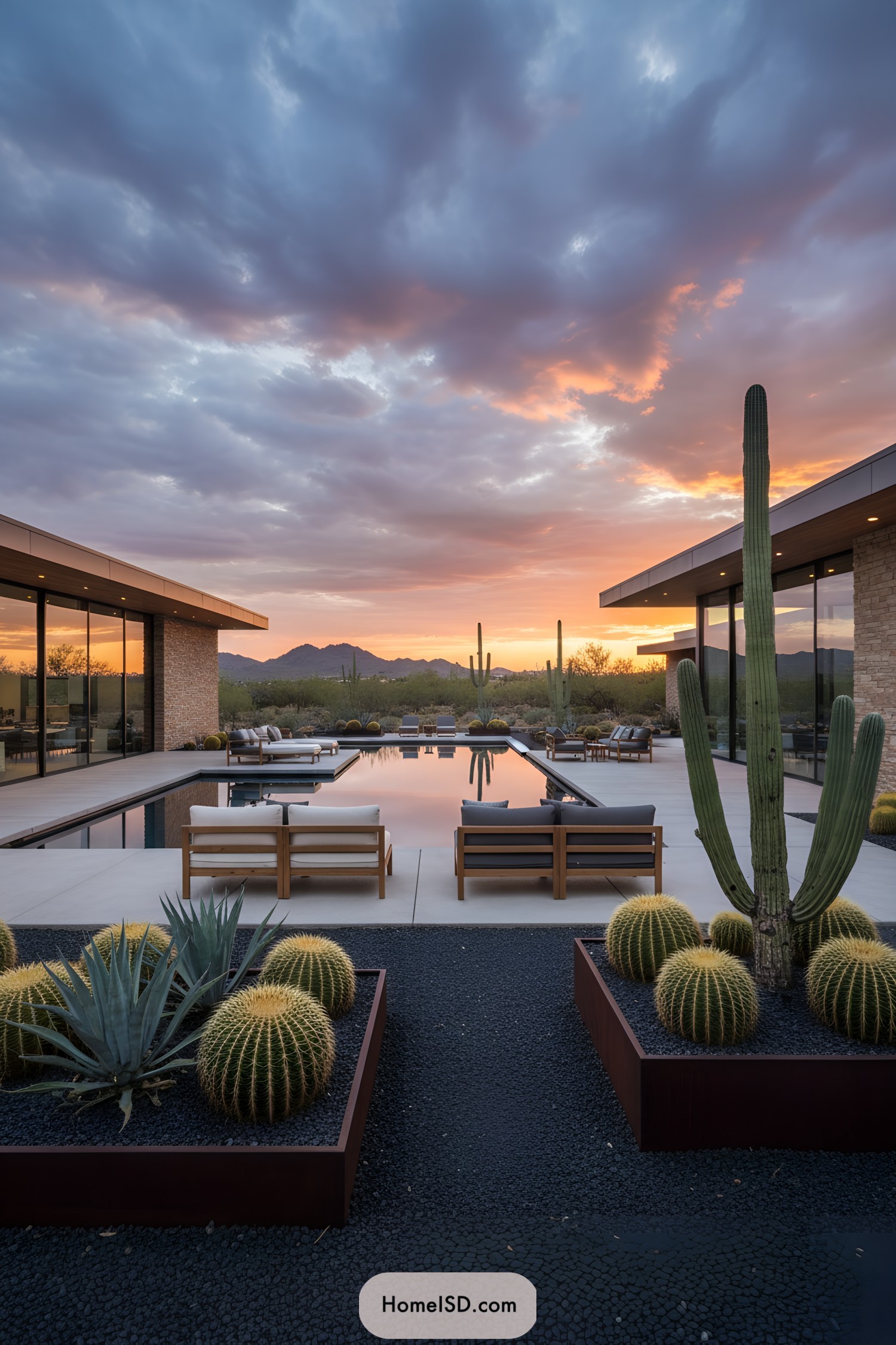 Poolside desert patio with cacti at sunset