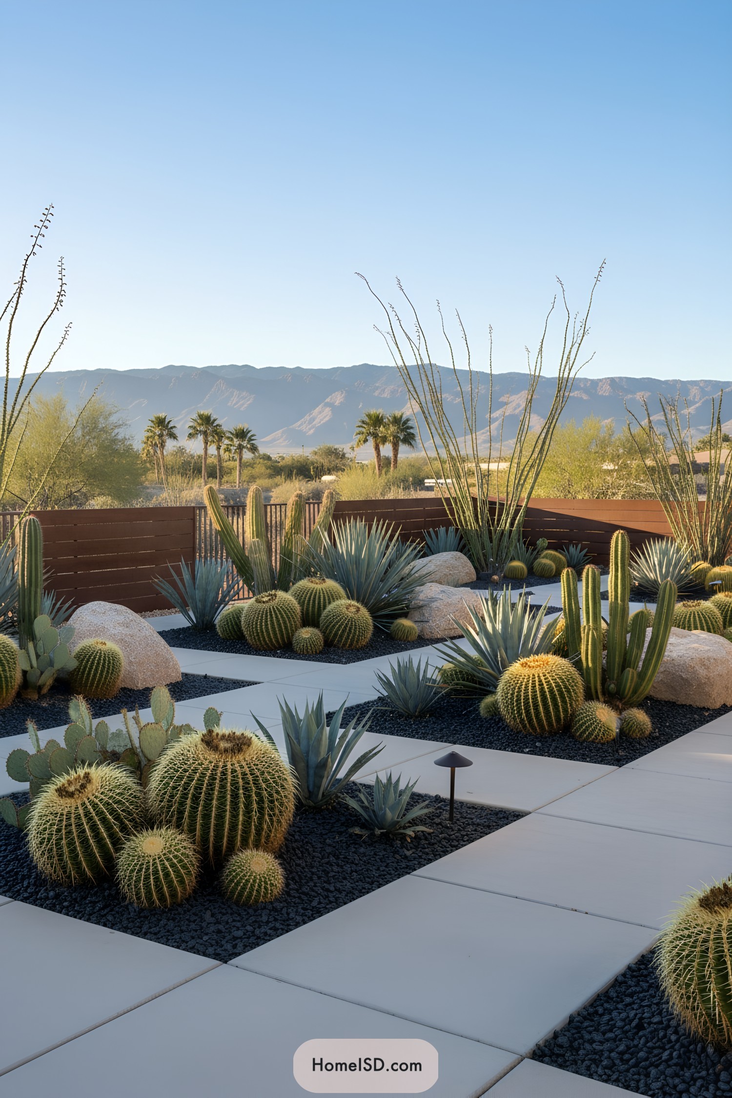 Modern desert garden with cacti and stone pathways