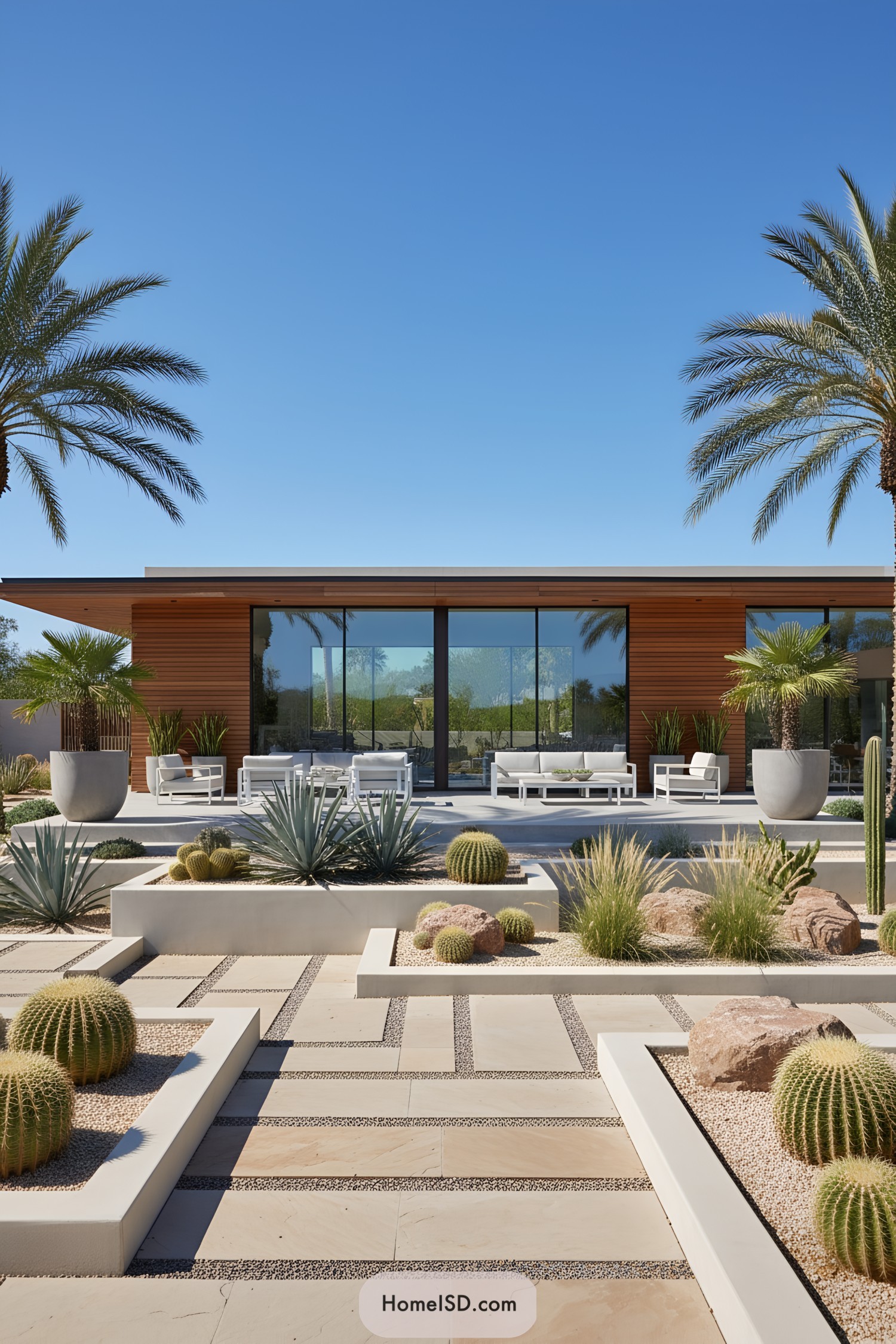 Desert landscape with modern patio and cacti