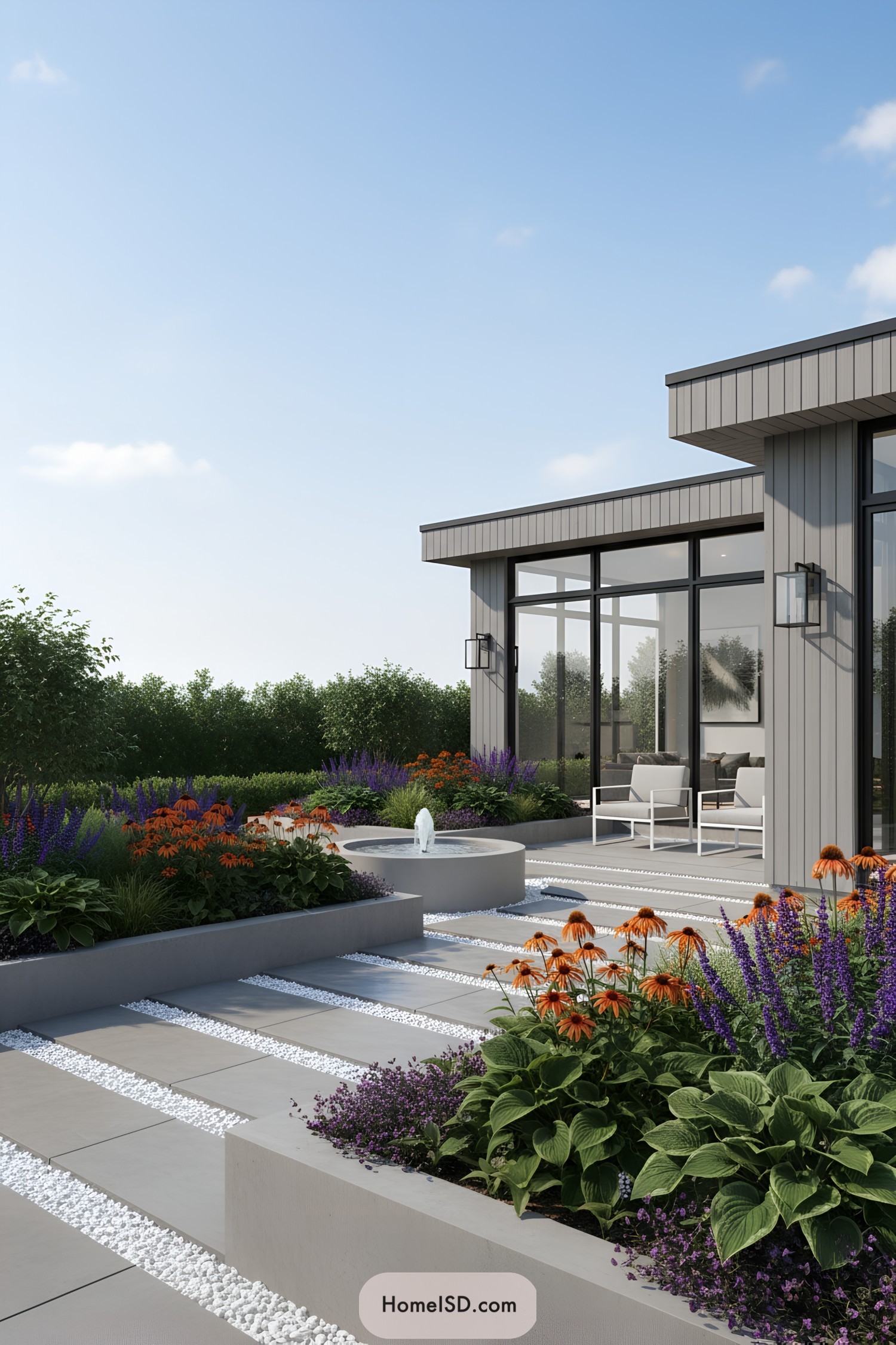 A sleek home entrance with colorful flowers and a small fountain