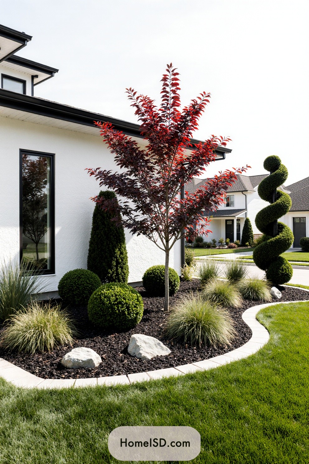 Modern front garden landscape design with a refined, clean aesthetic, defined planting beds and crisp edging against open green lawn. Plantings include a sculptural Japanese maple with deep red foliage, rounded evergreen shrubs, compact flowering plants, ornamental grasses, and a tall, spiraled topiary. The minimalist architecture of the white house with dark trim forms a backdrop, while decorative stones and mulch accentuate plant groupings. The setting is suburban with neighboring houses, open skies, and manicured surroundings.