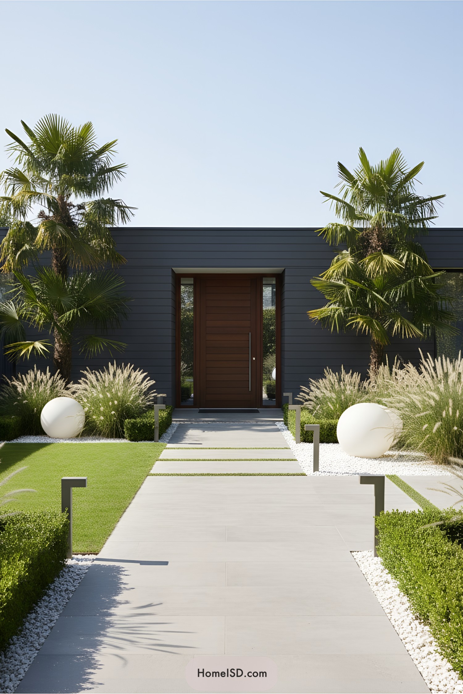 Modern garden with palm trees and geometric greenery