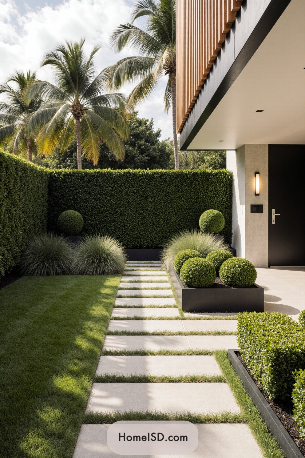 Modern garden with clean lines and lush greenery