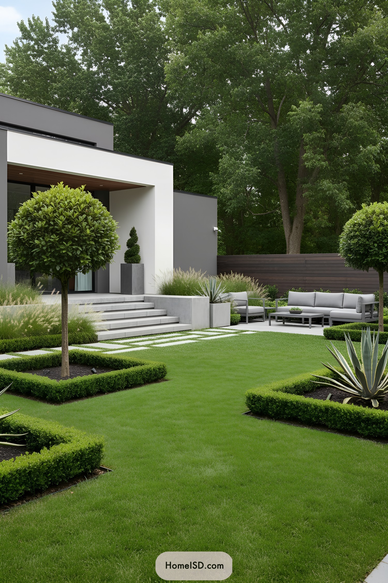 Contemporary garden with a mix of sharp lines and soft foliage