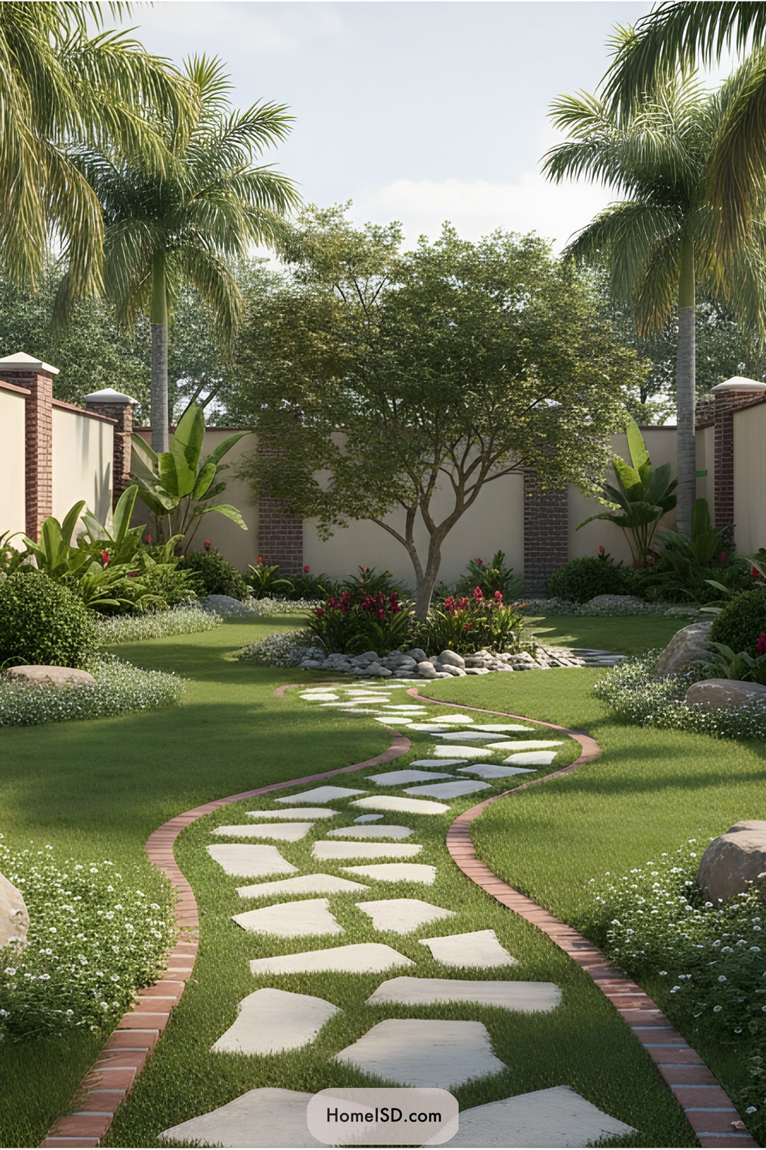 Serpentine stone path cutting through lush green garden