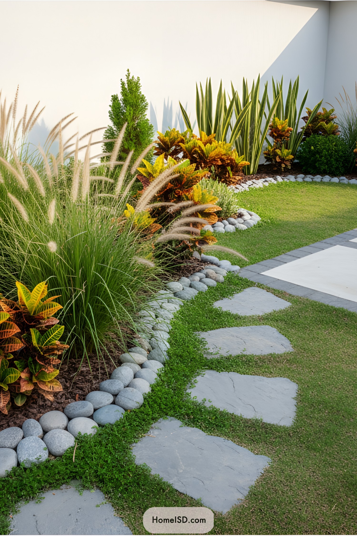 Modern garden with stone path and ornamental grasses