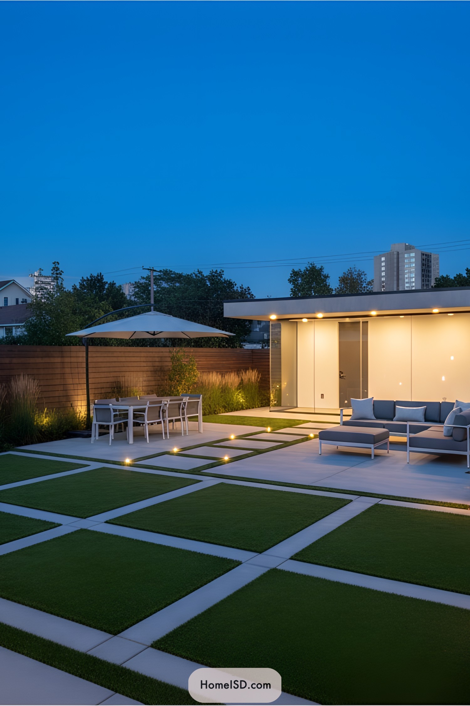 Modern backyard with geometric lighting design