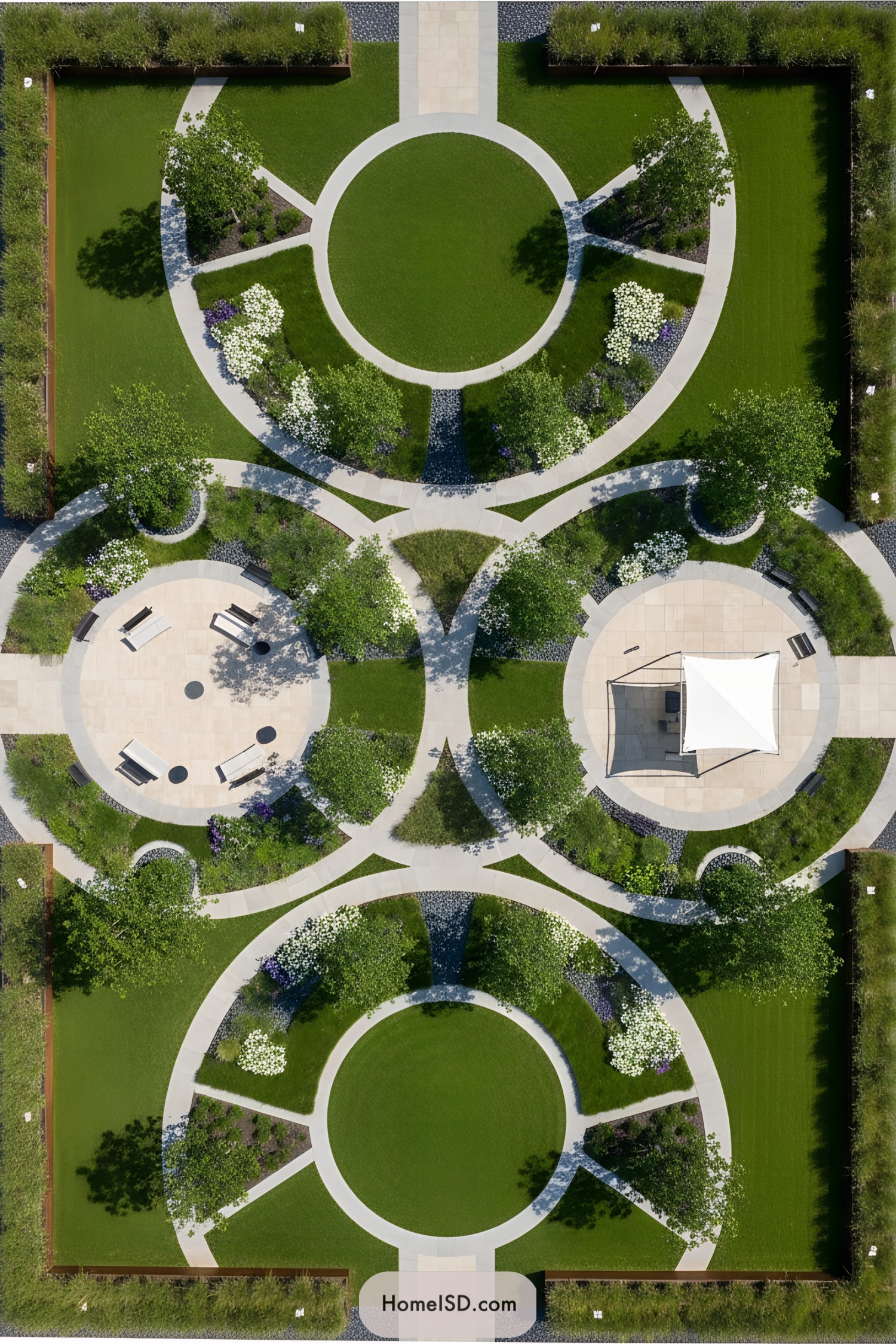 Bird's-eye view of a circular garden with lush greenery and pathways