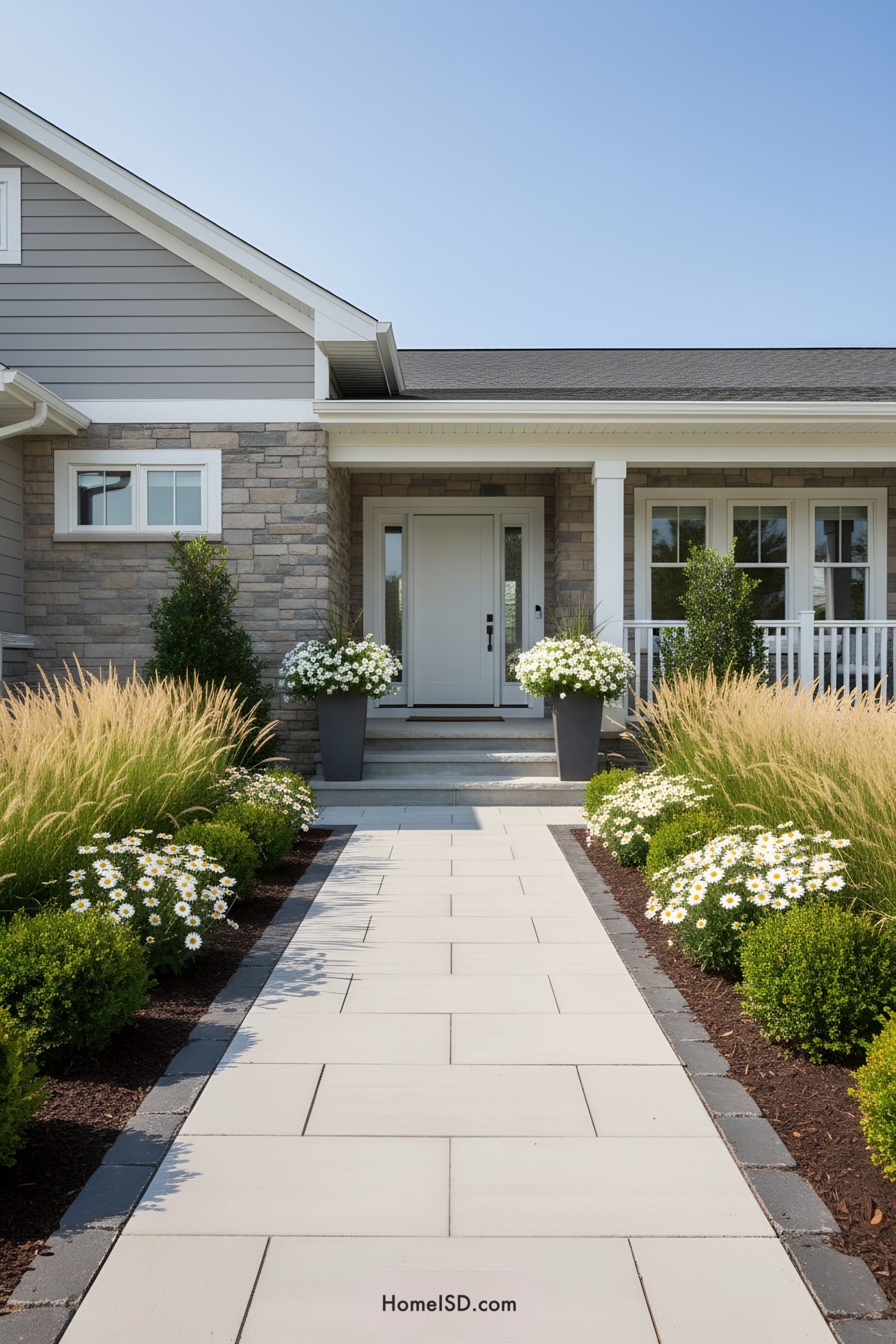 Neat walkway with flowers leading to a porch entrance