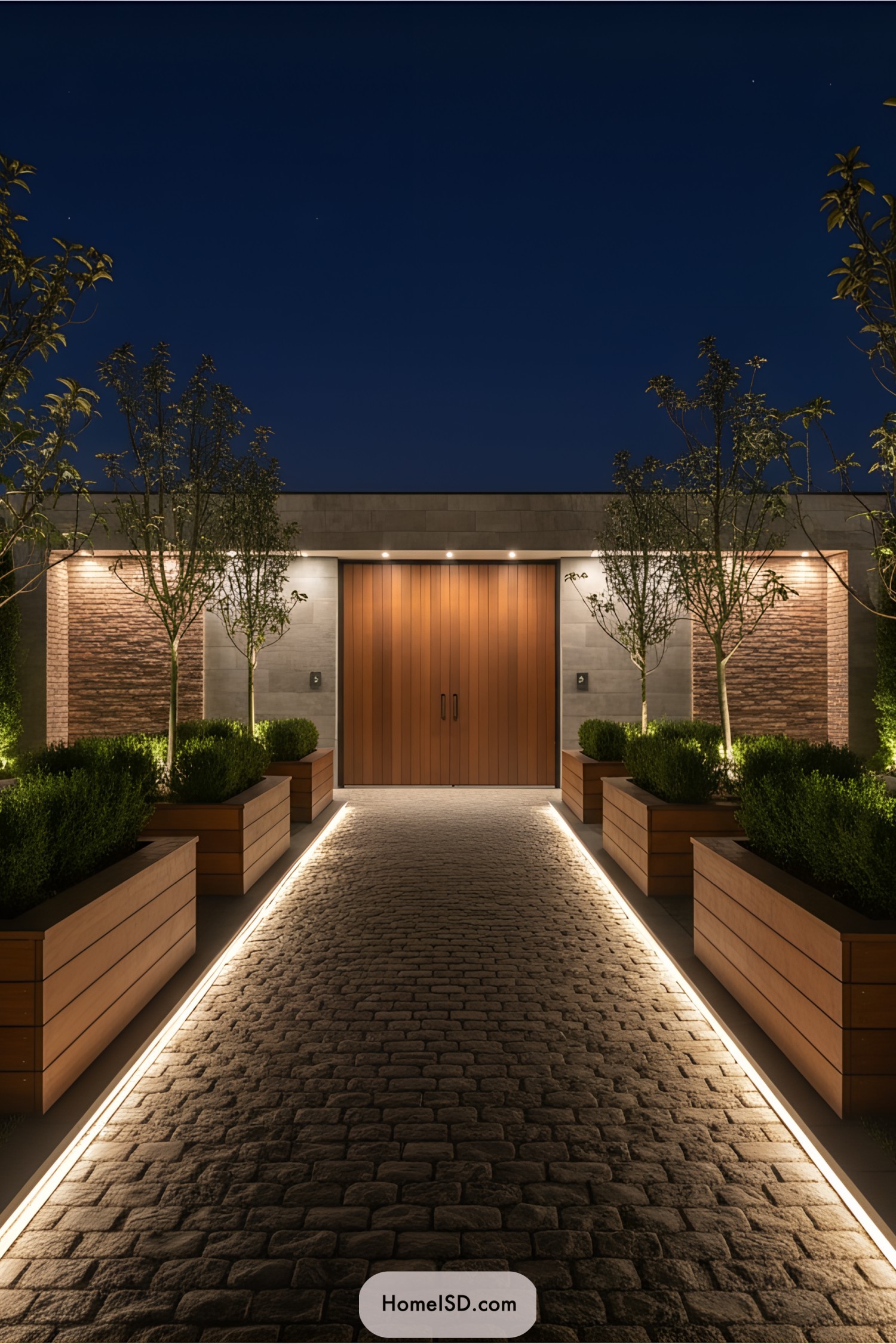 Beautifully lit pathway leading to a modern entrance
