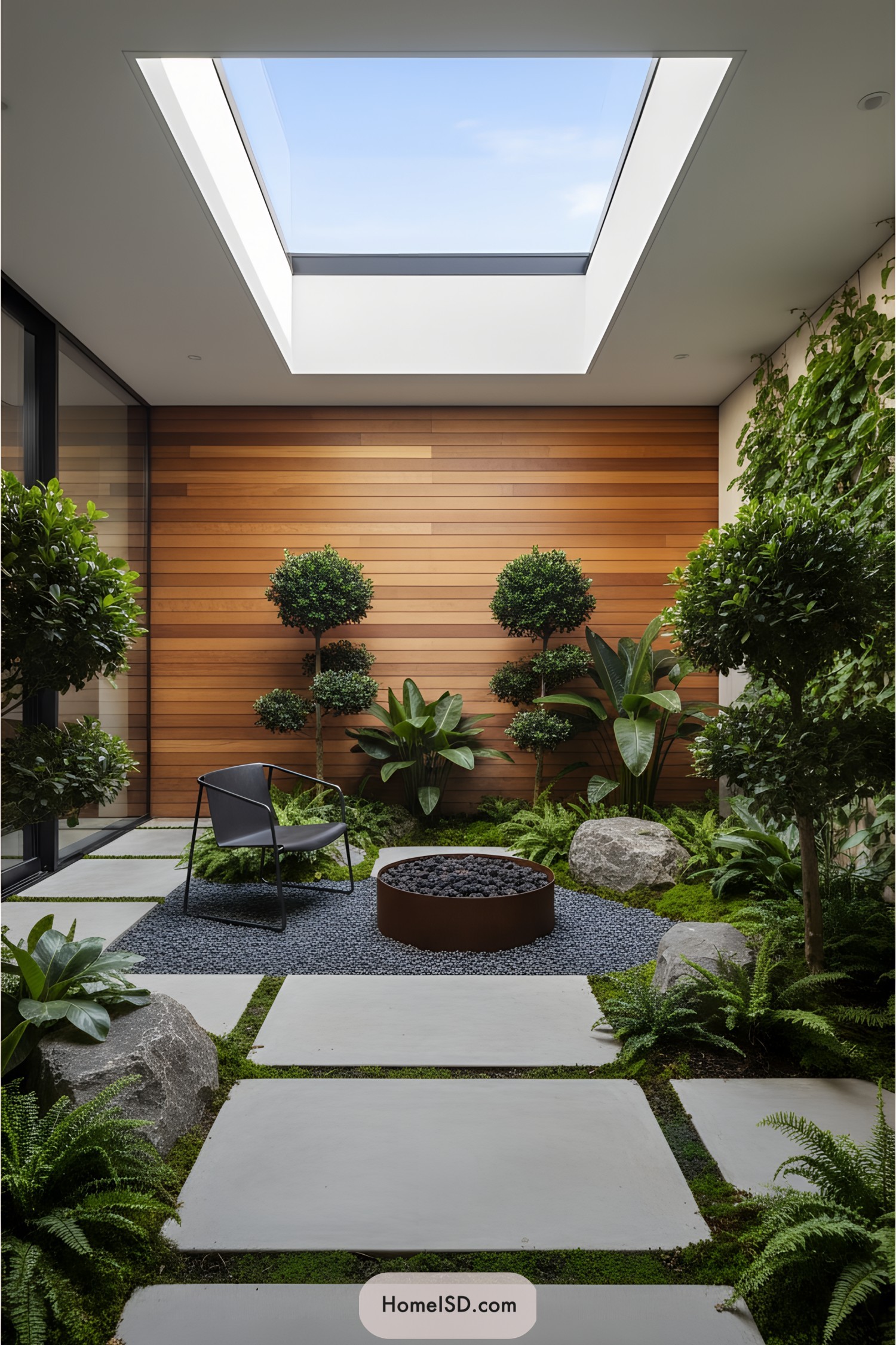 Modern garden courtyard with skylight and seating