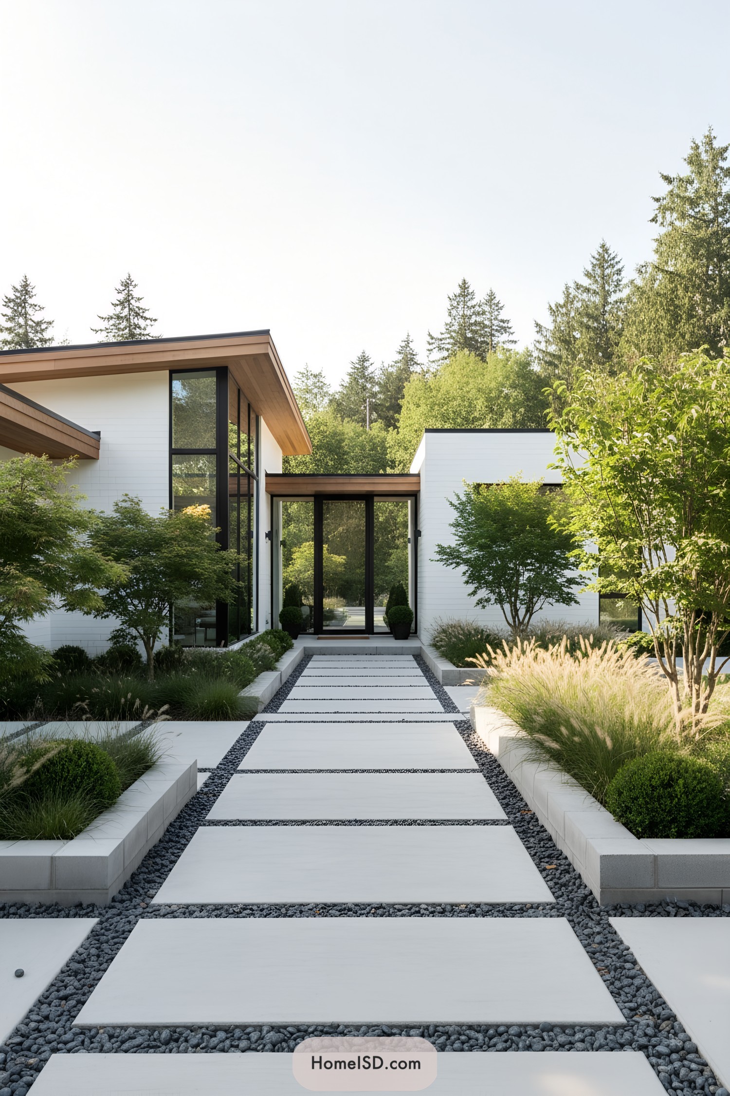 Modern entrance with white pathway and greenery