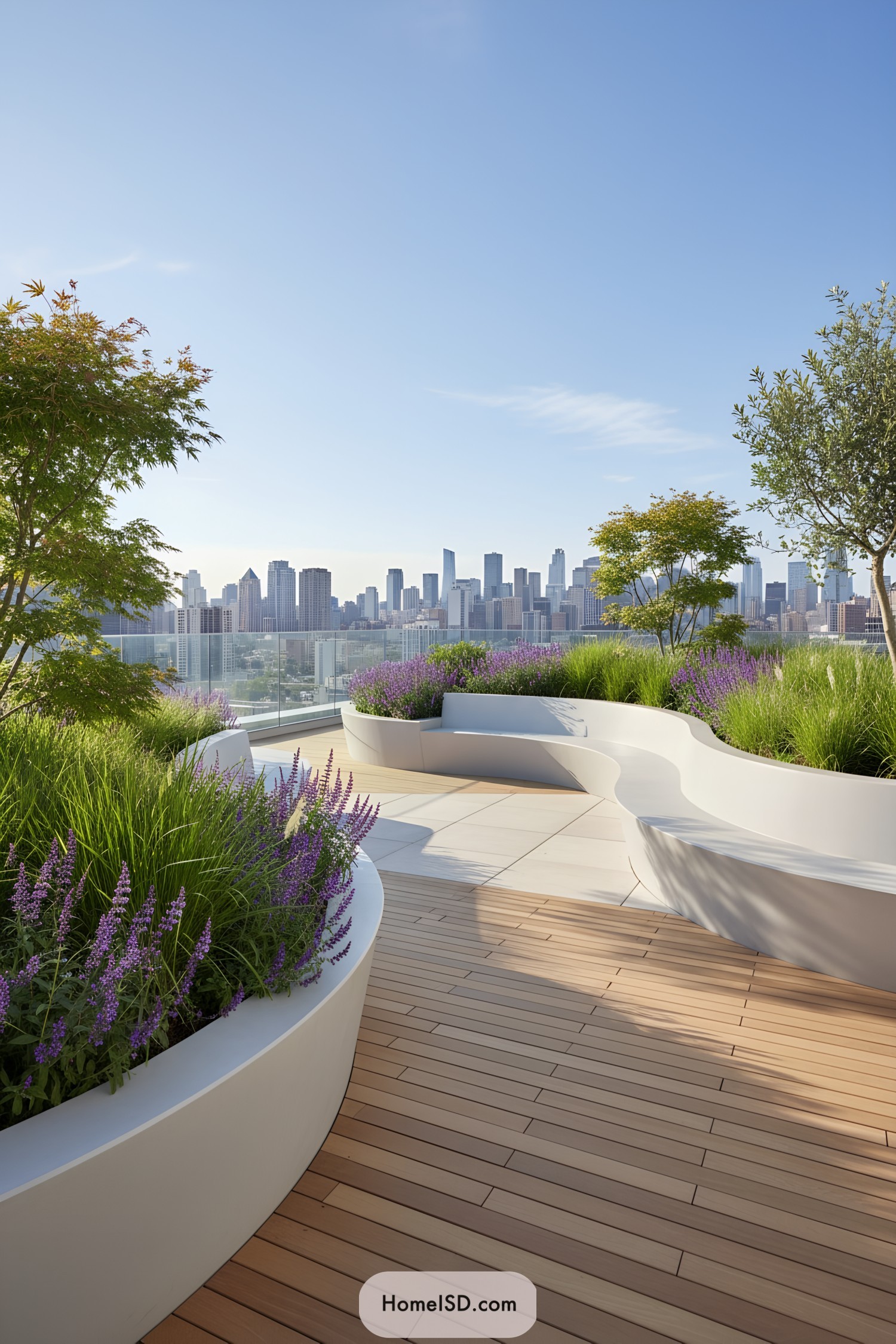 Stylish terrace garden with city skyline views