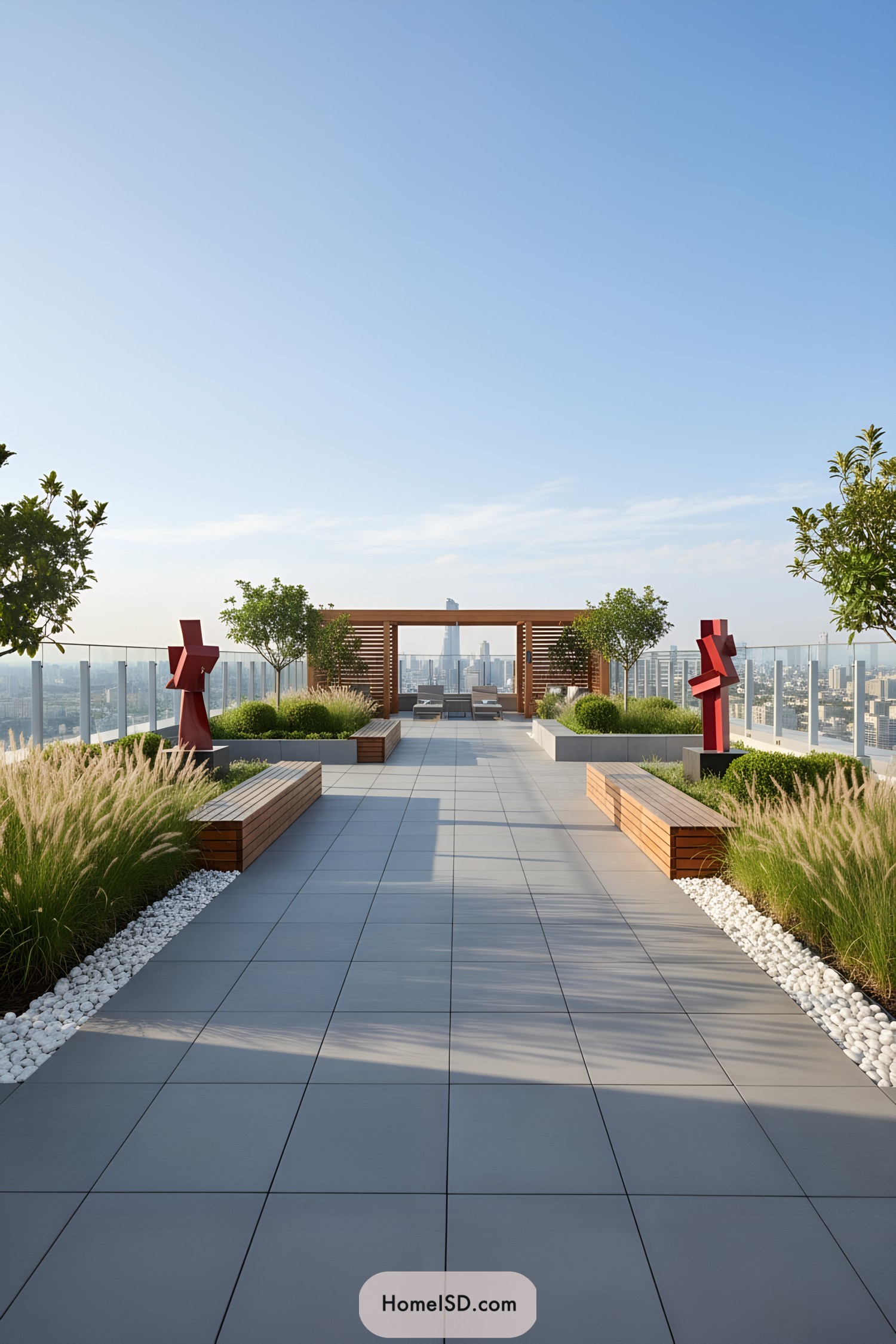 Modern terrace with skyline view and seating