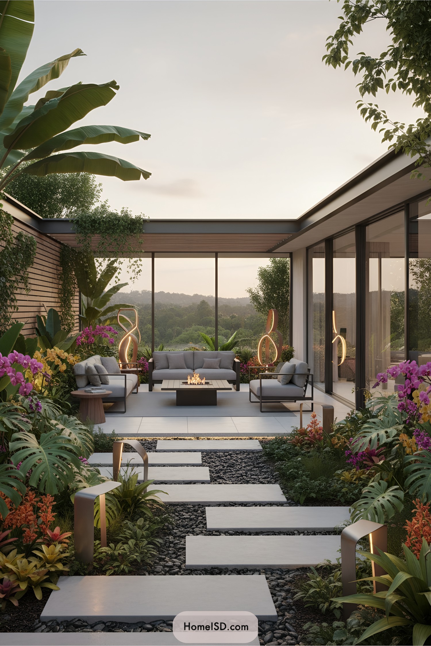 Modern patio with seating and a fire pit