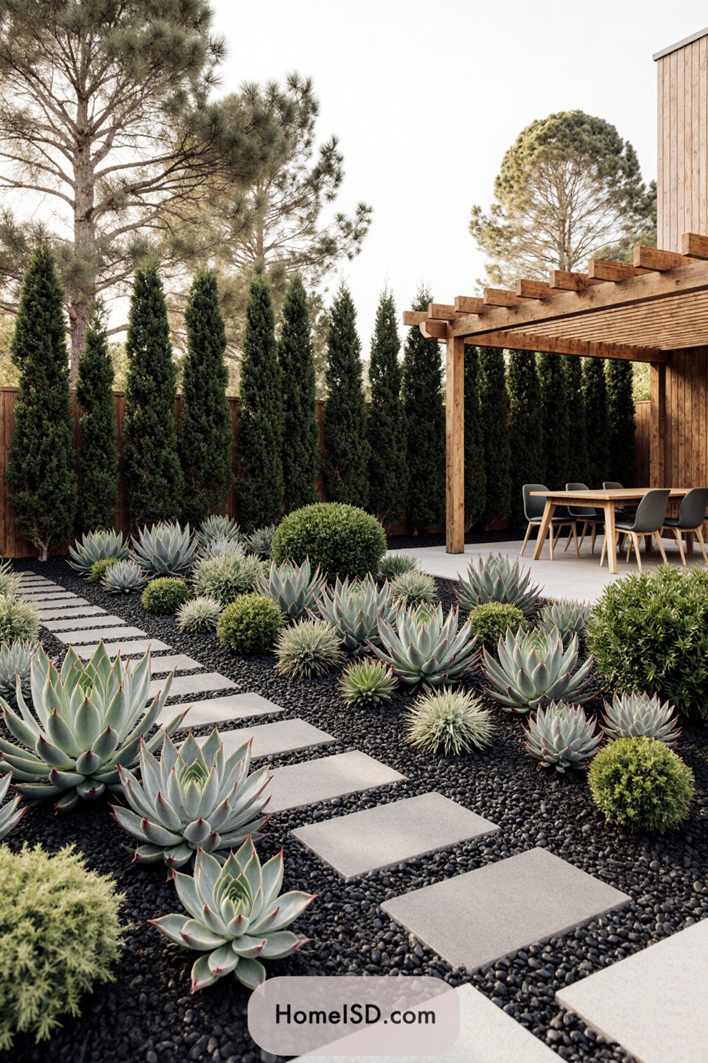 Succulent garden with stepping stones and a pergola
