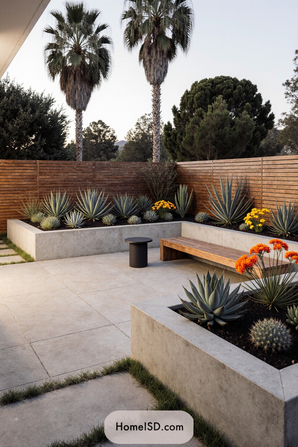 Modern succulent landscape design with clean geometric lines and raised concrete planters. Lush groupings of succulents, agave, and yucca fill the well-defined beds, accented with bright orange and yellow flowering drought-tolerant plants. A spacious stone patio anchors the space, bordered by tall wooden fencing for privacy. Built-in wooden bench seating and a minimalist side table provide functional outdoor furnishings. The backdrop features mature trees, while strategically placed palms add vertical interest and a touch of tropical atmosphere.