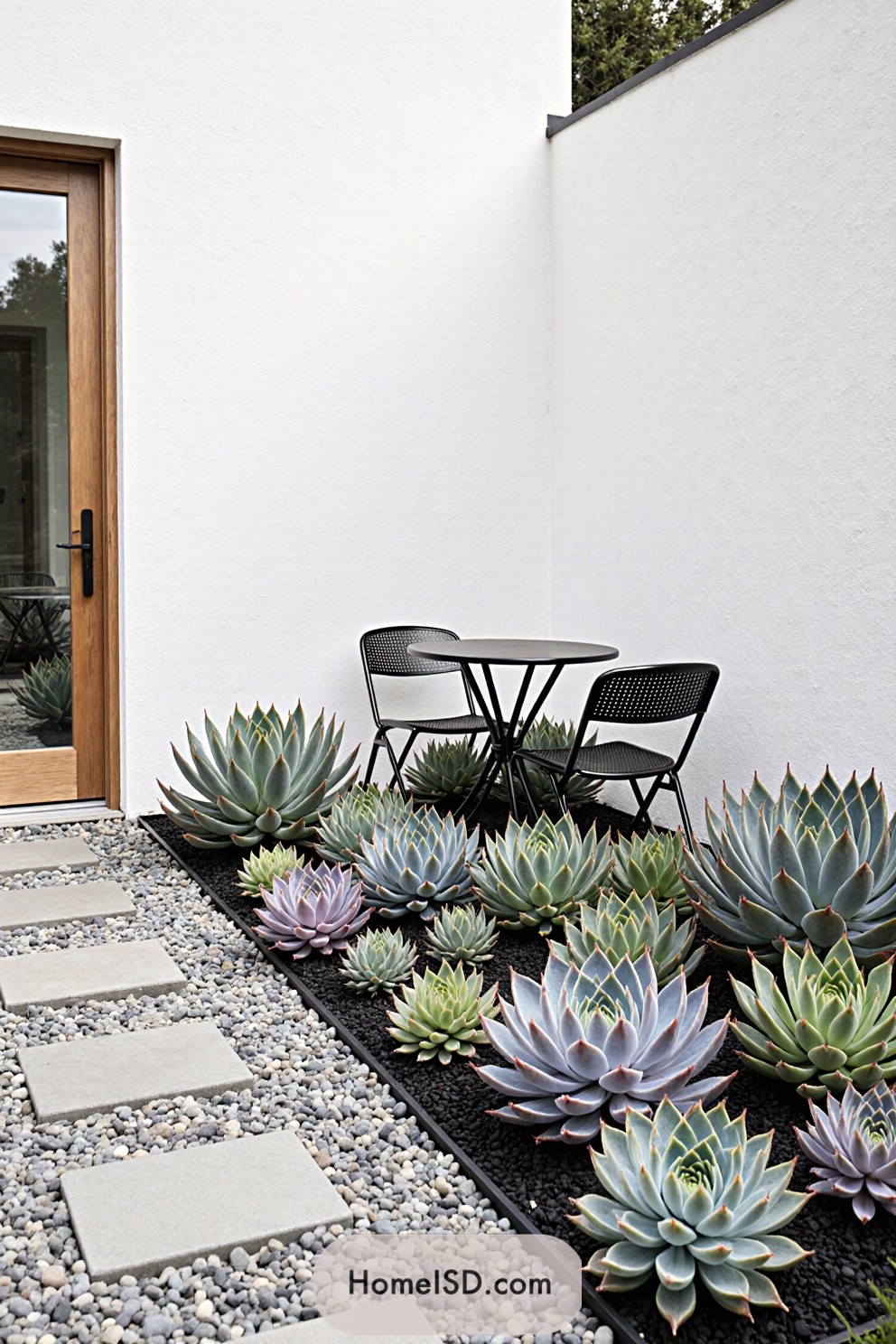 Succulent garden with black metal chairs and a small table