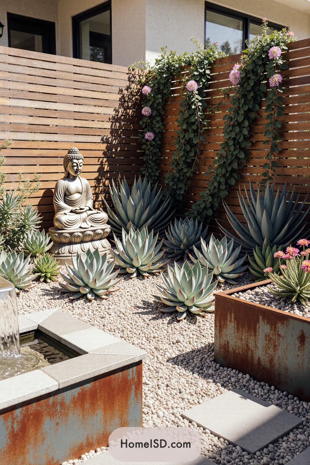 Tranquil garden with succulents, Buddha statue, and a rustic fountain