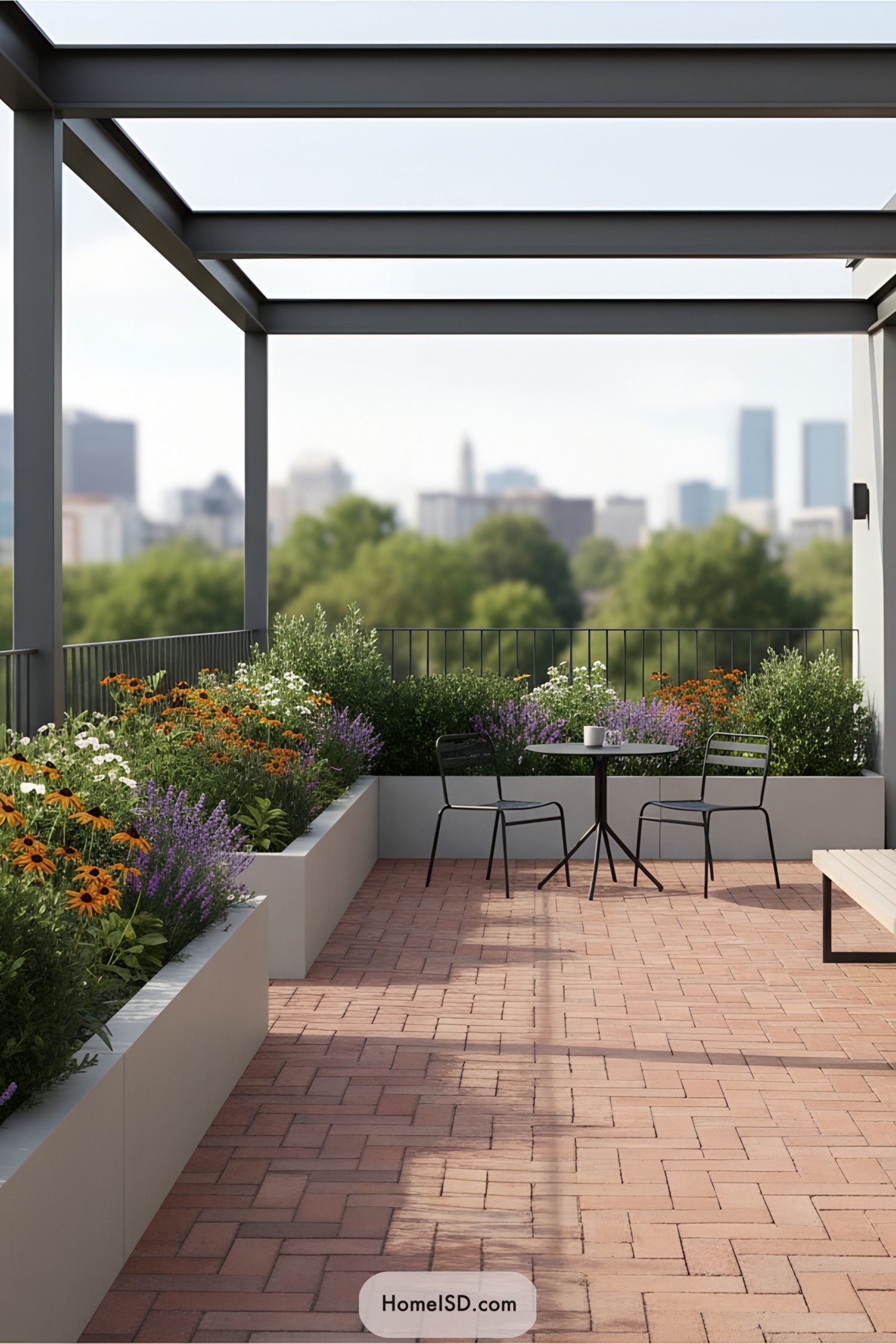 Sunny terrace with potted flowers and seating