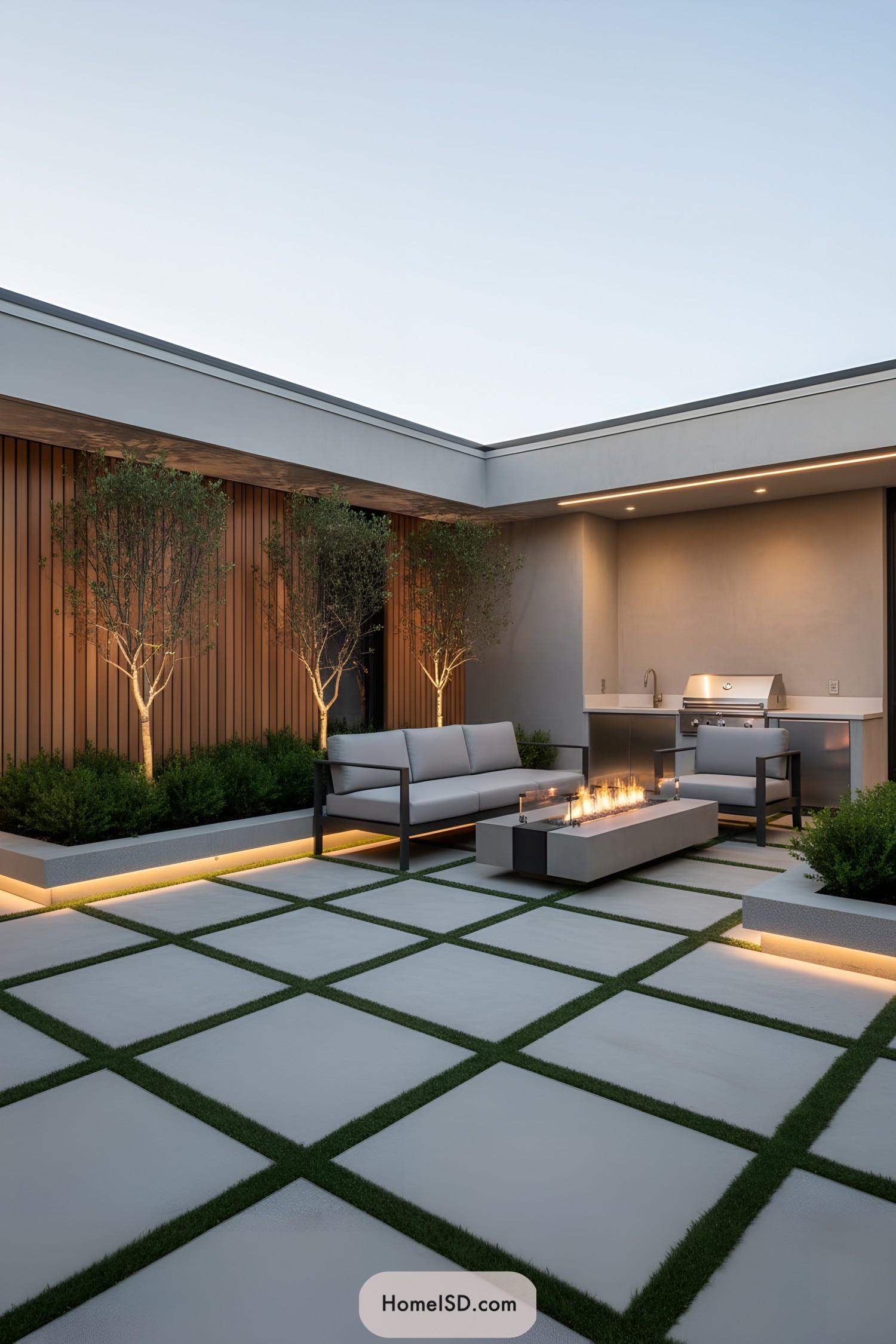 Modern terrace with seating and a fire feature